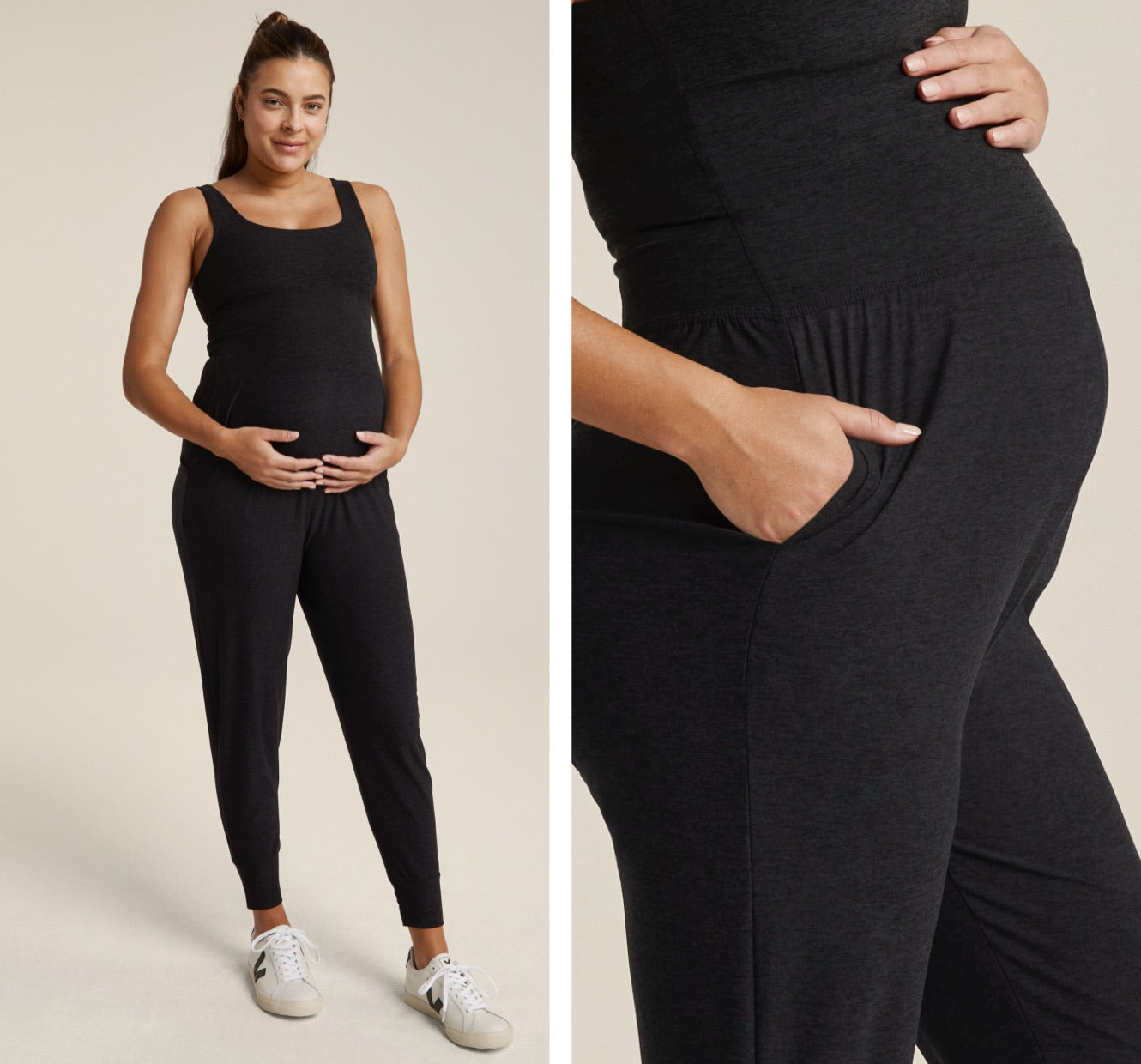 model is wearing a black maternity jumpsuit. 