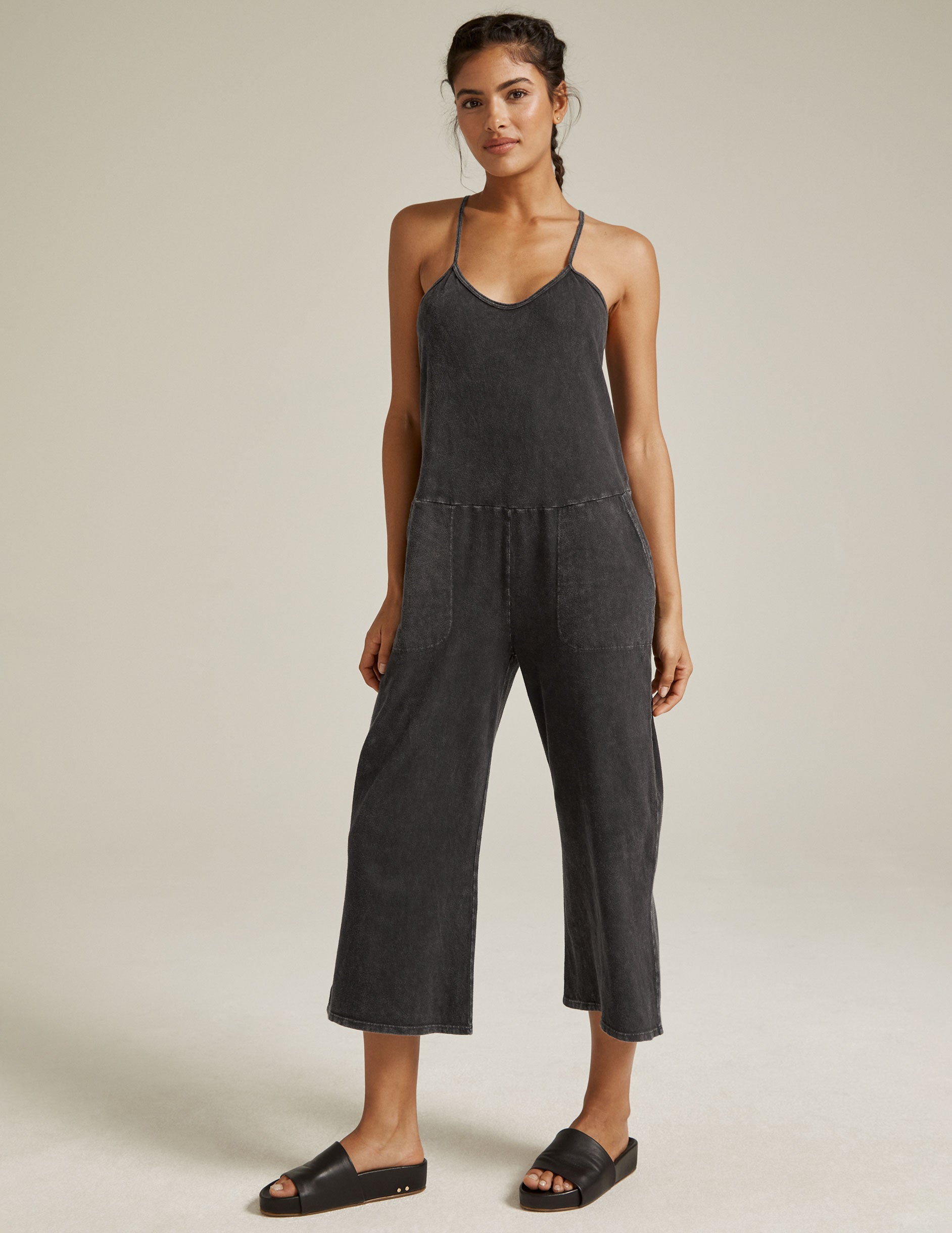 washed black jumpsuit with cross cross back