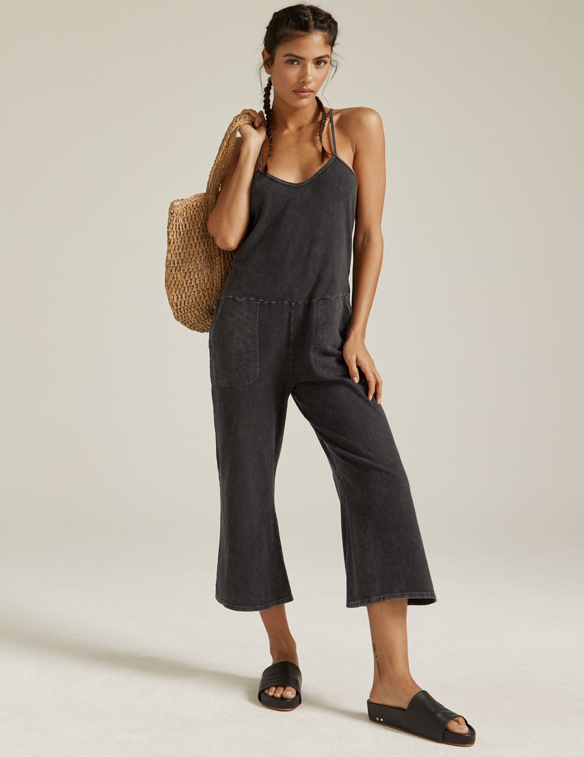 washed black jumpsuit with cross cross back