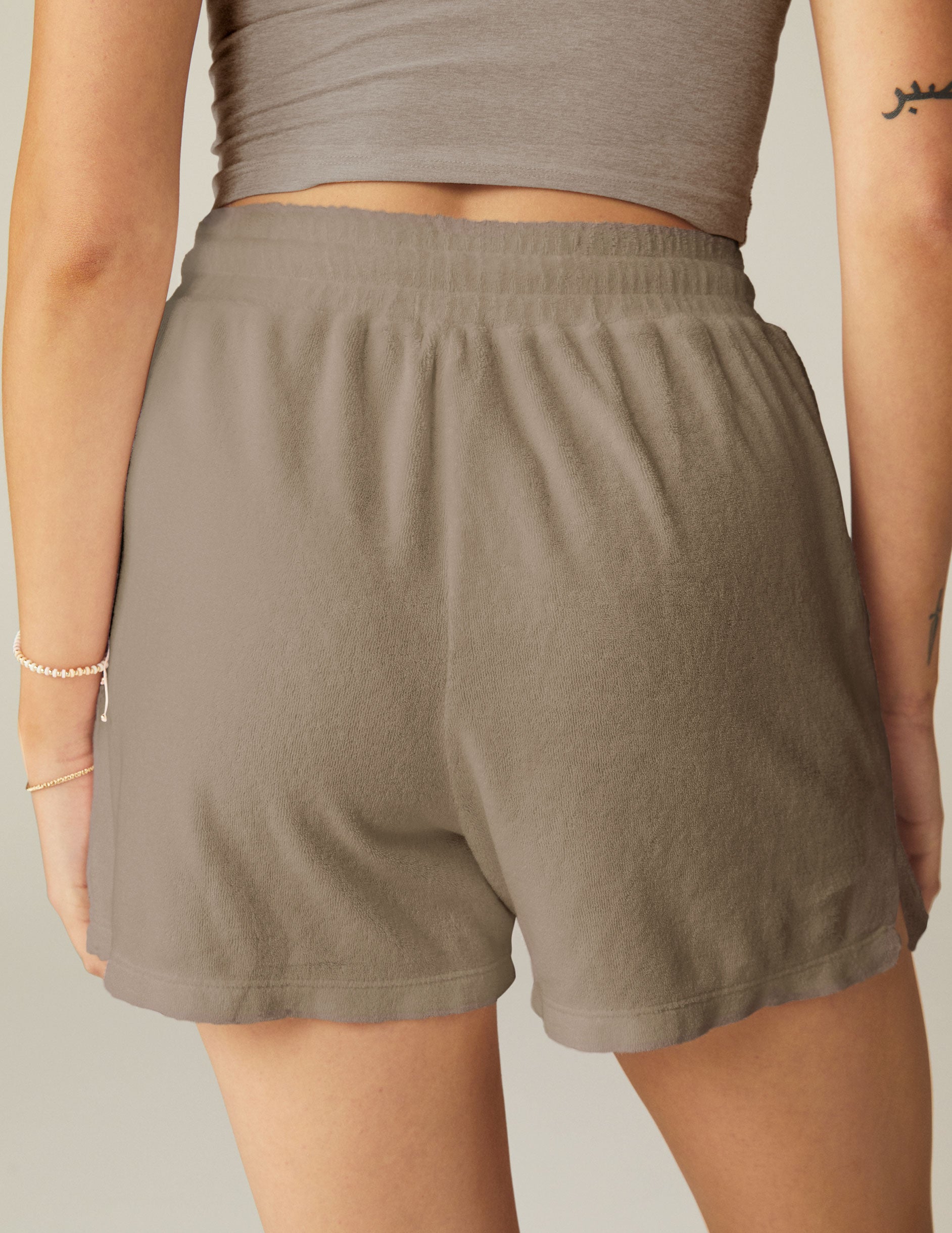 brown shorts with drawstring and pocket at sides