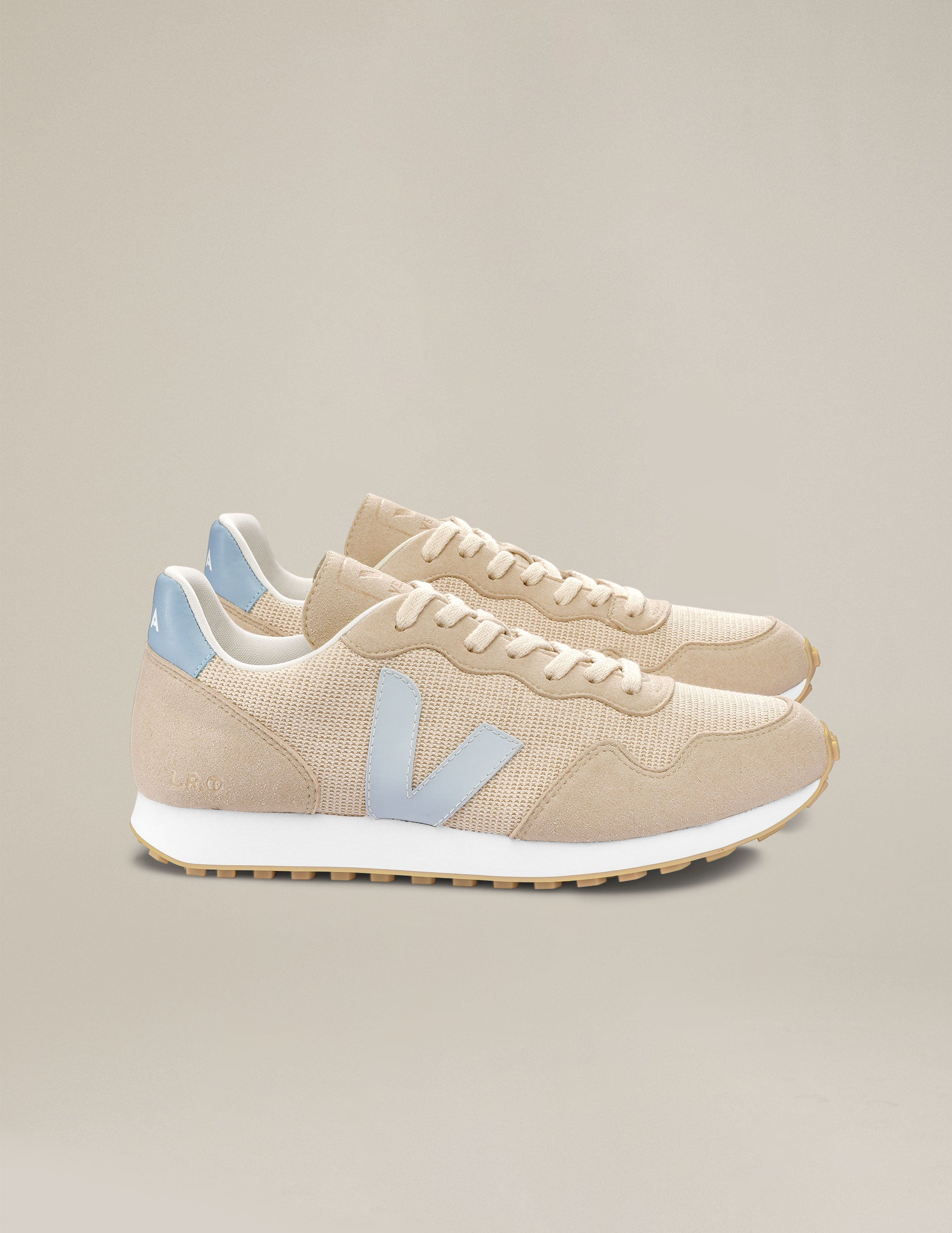cream and blue lace up Veja SDU sneakers. made in Brazil.