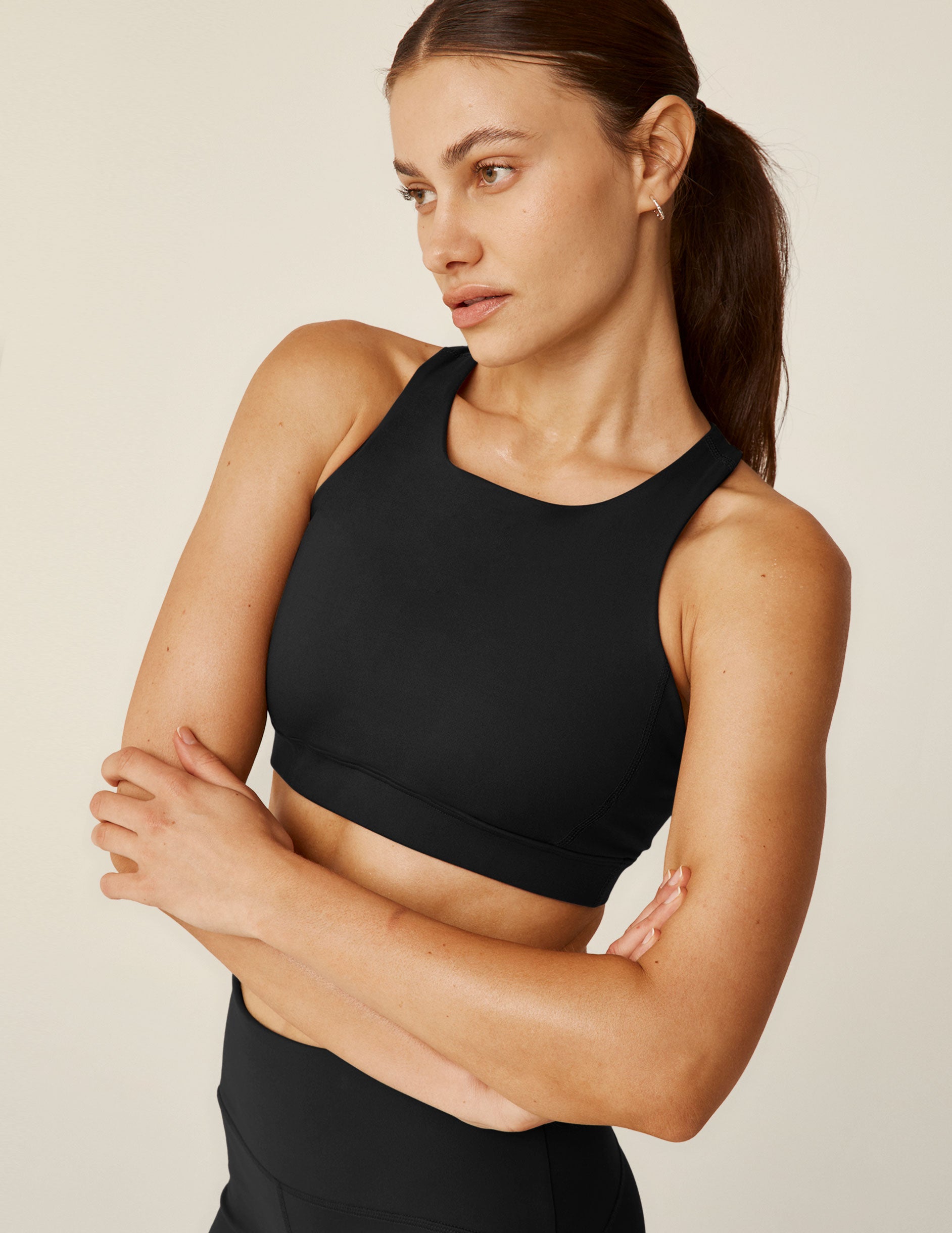 black high-neck racerback bra top.