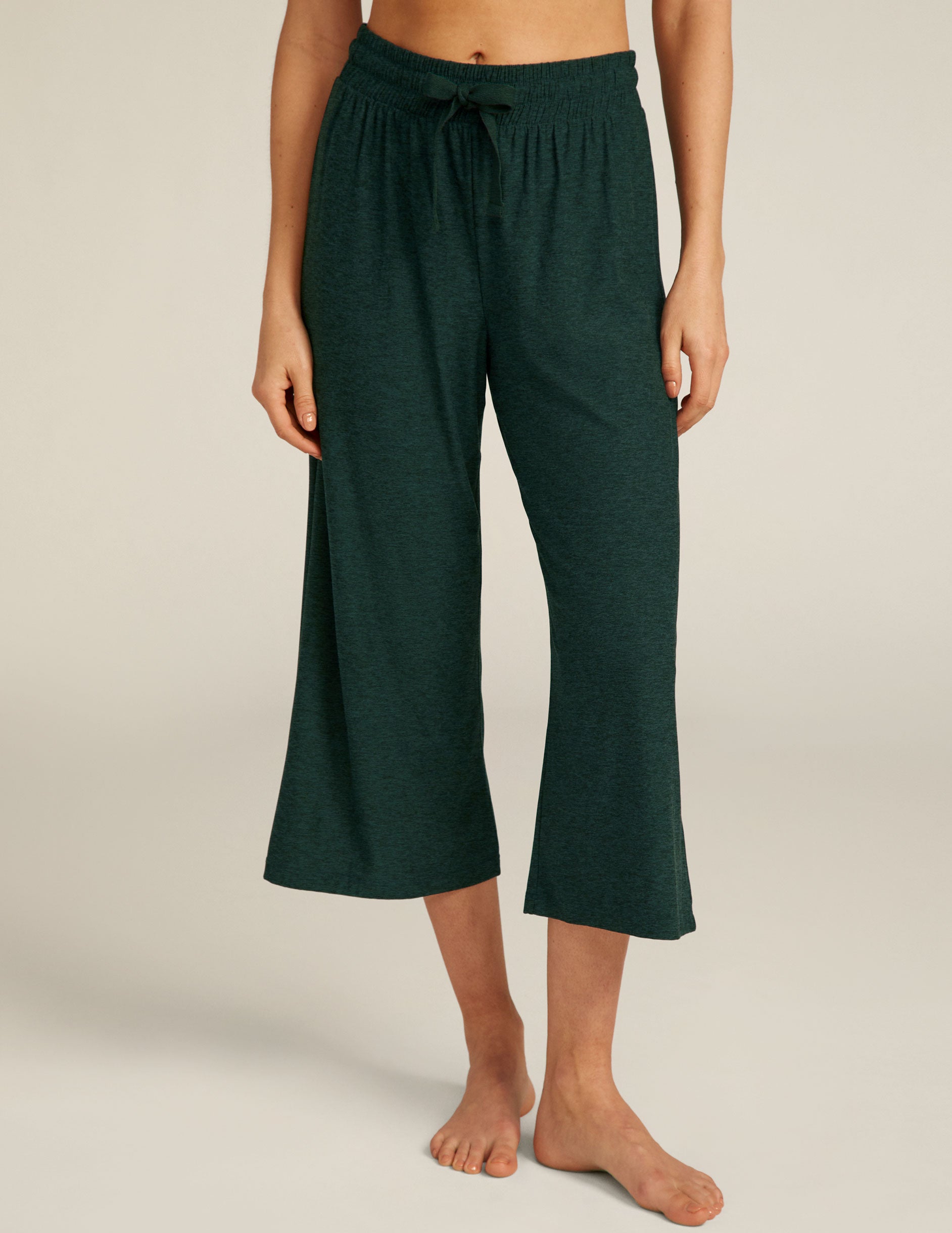 green capri length sleep pants with a drawstring at waistband. 