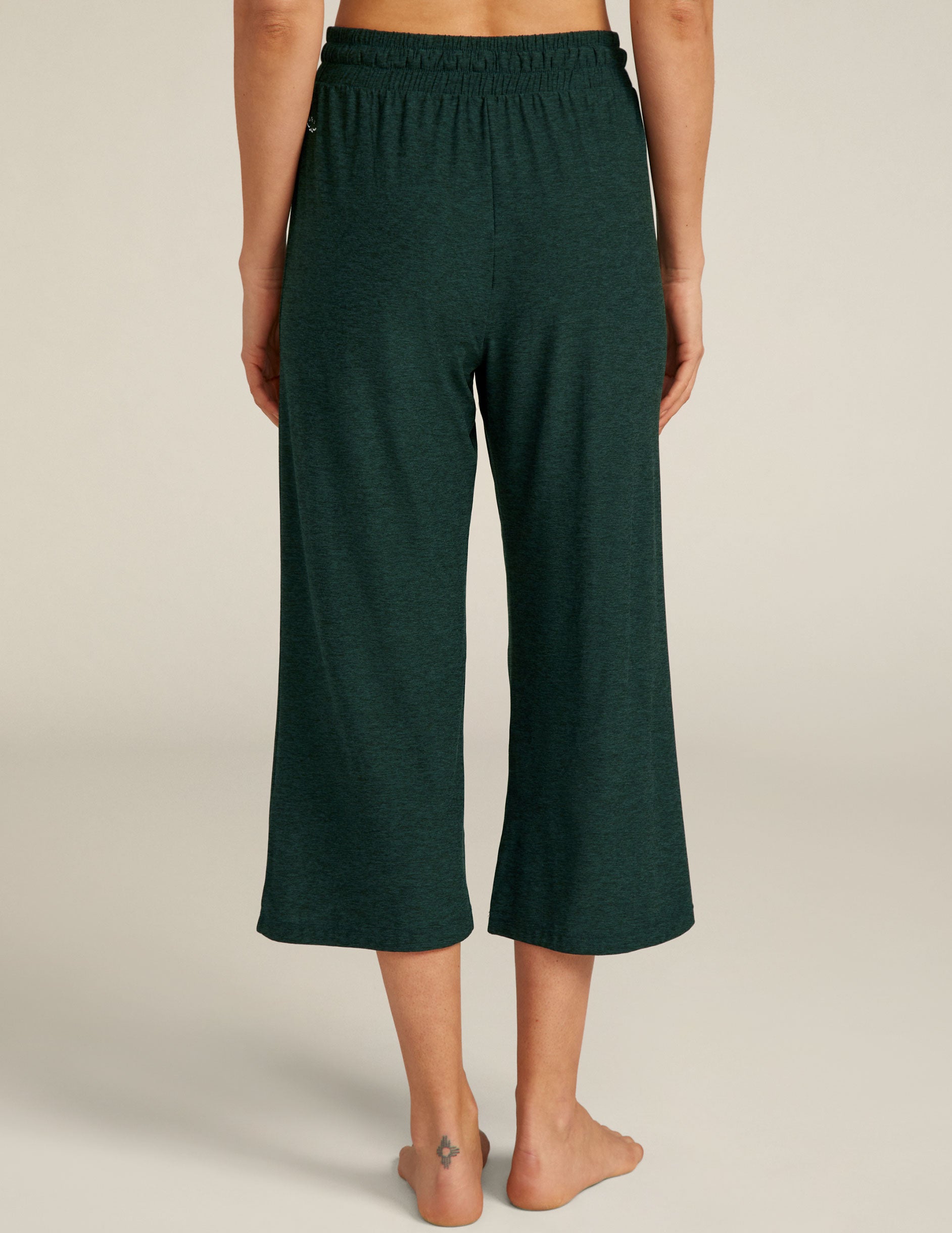 green capri length sleep pants with a drawstring at waistband. 