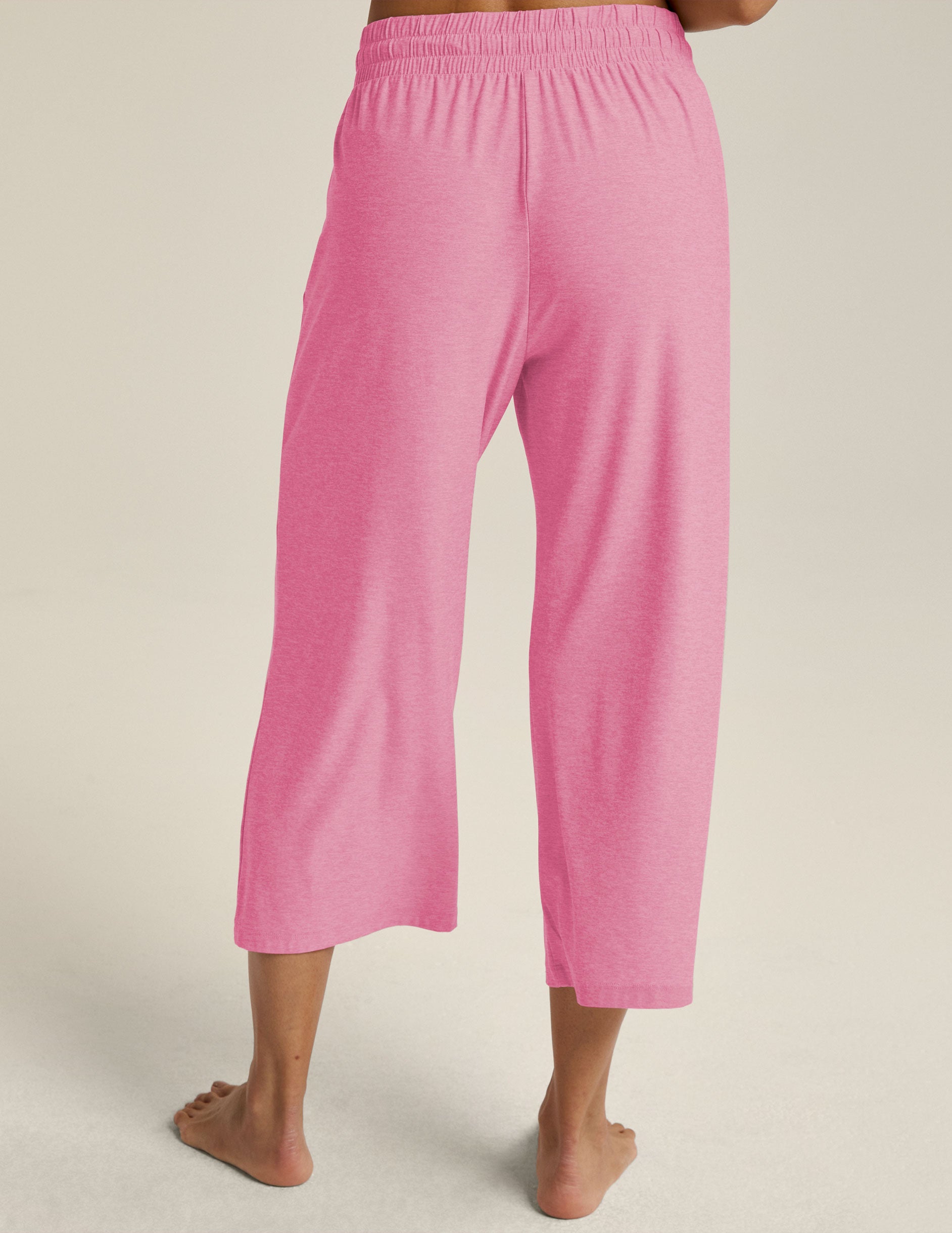 pink capri sleep pants with a ribbon drawstring at waist. 