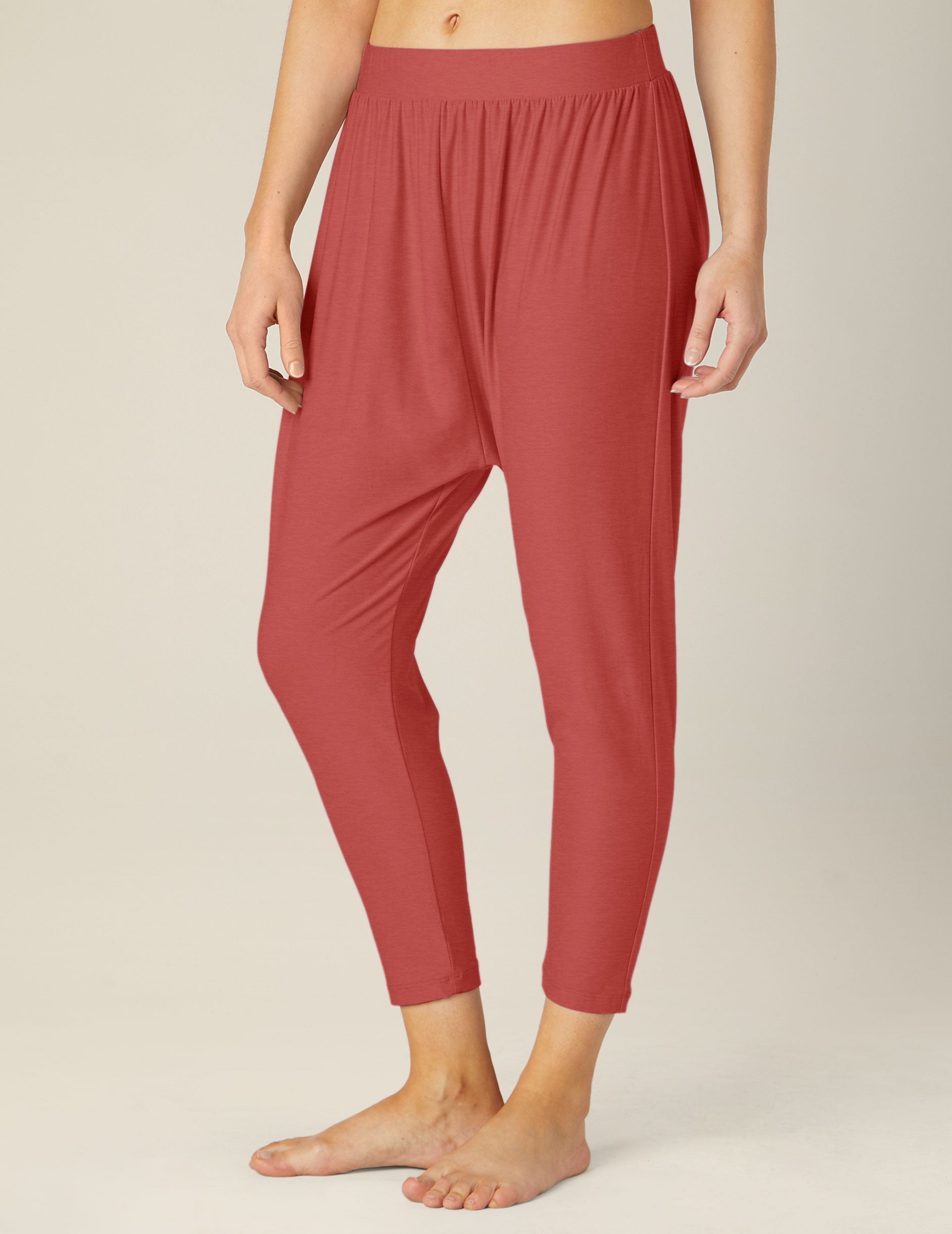 red harem design sleep pants with tapered ankle