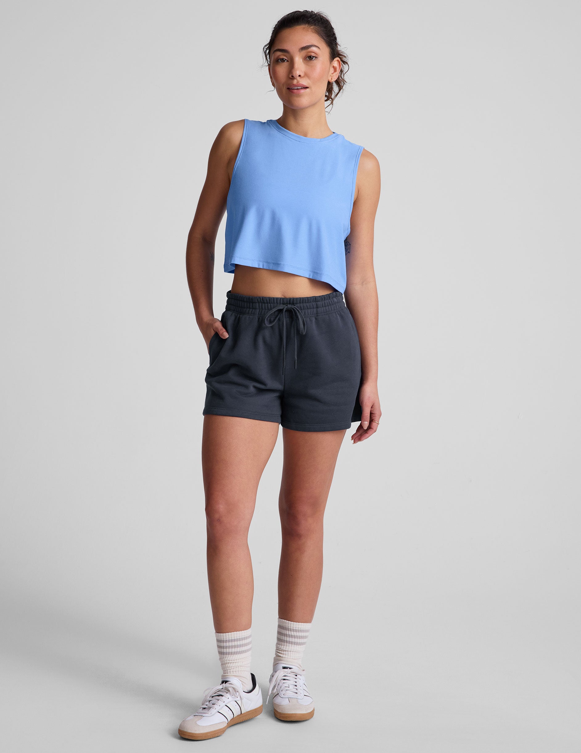 blue loose fitting cropped tank top.