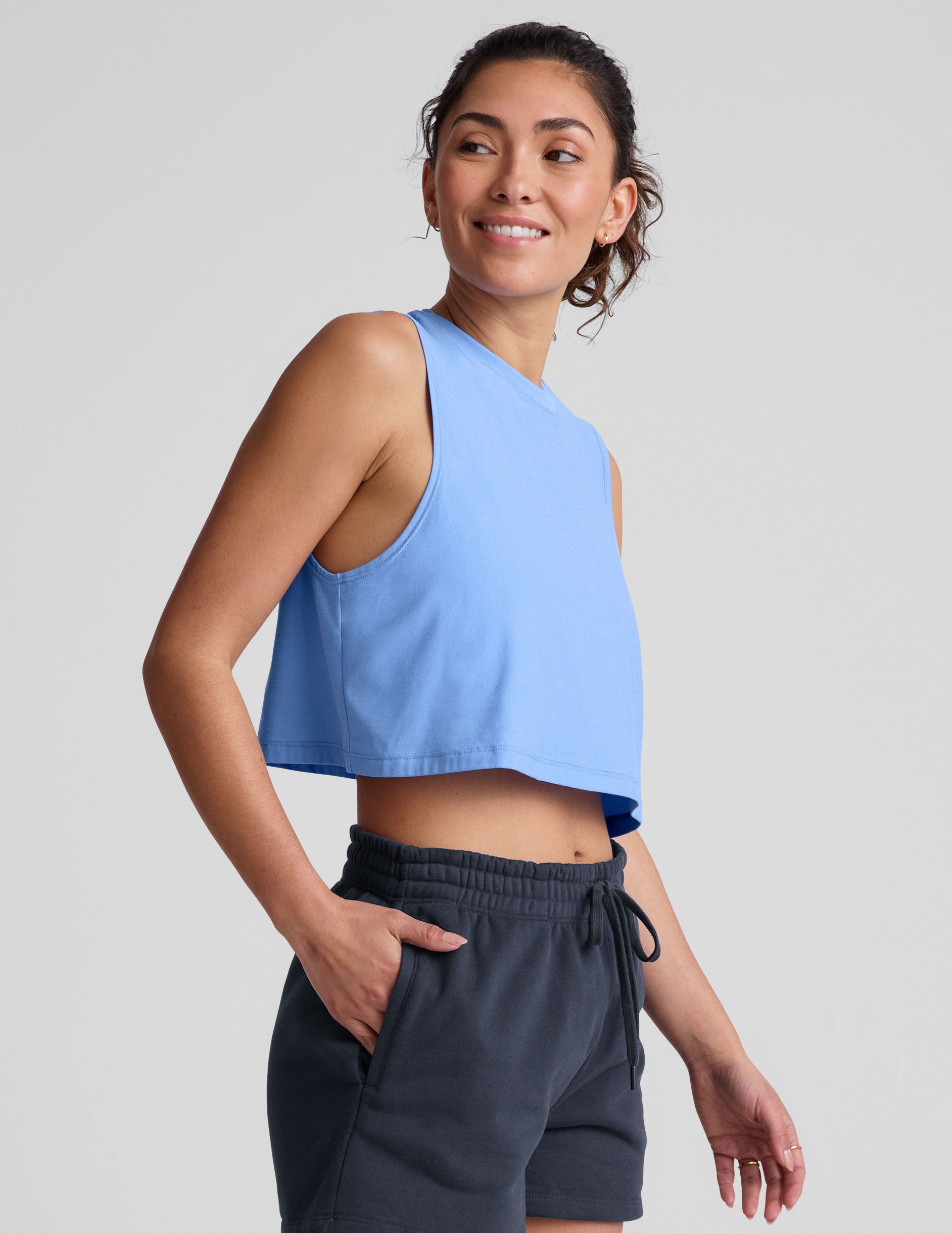 blue loose fitting cropped tank top.