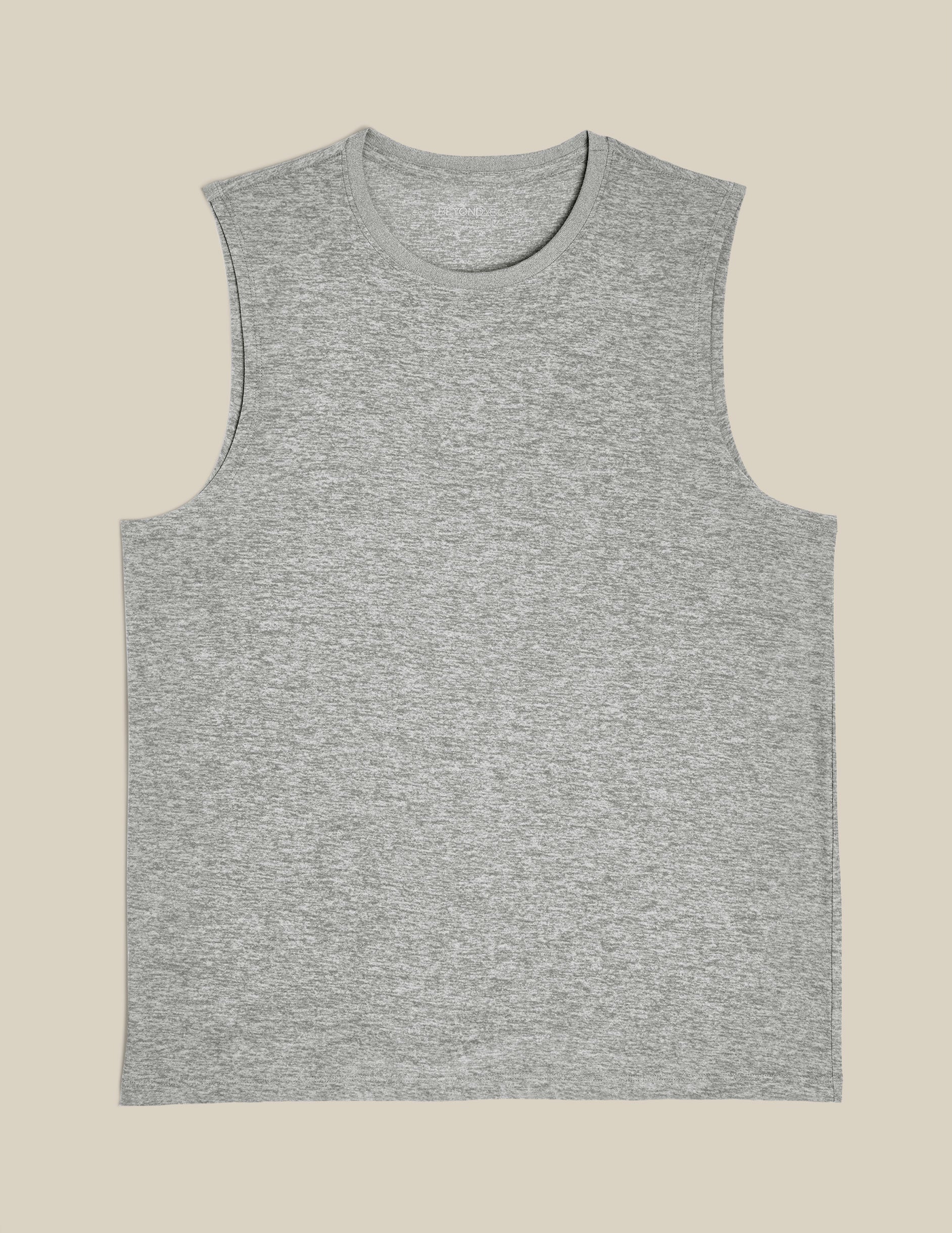 gray mens sleeveless muscle tank top with a ribbed crew collar.