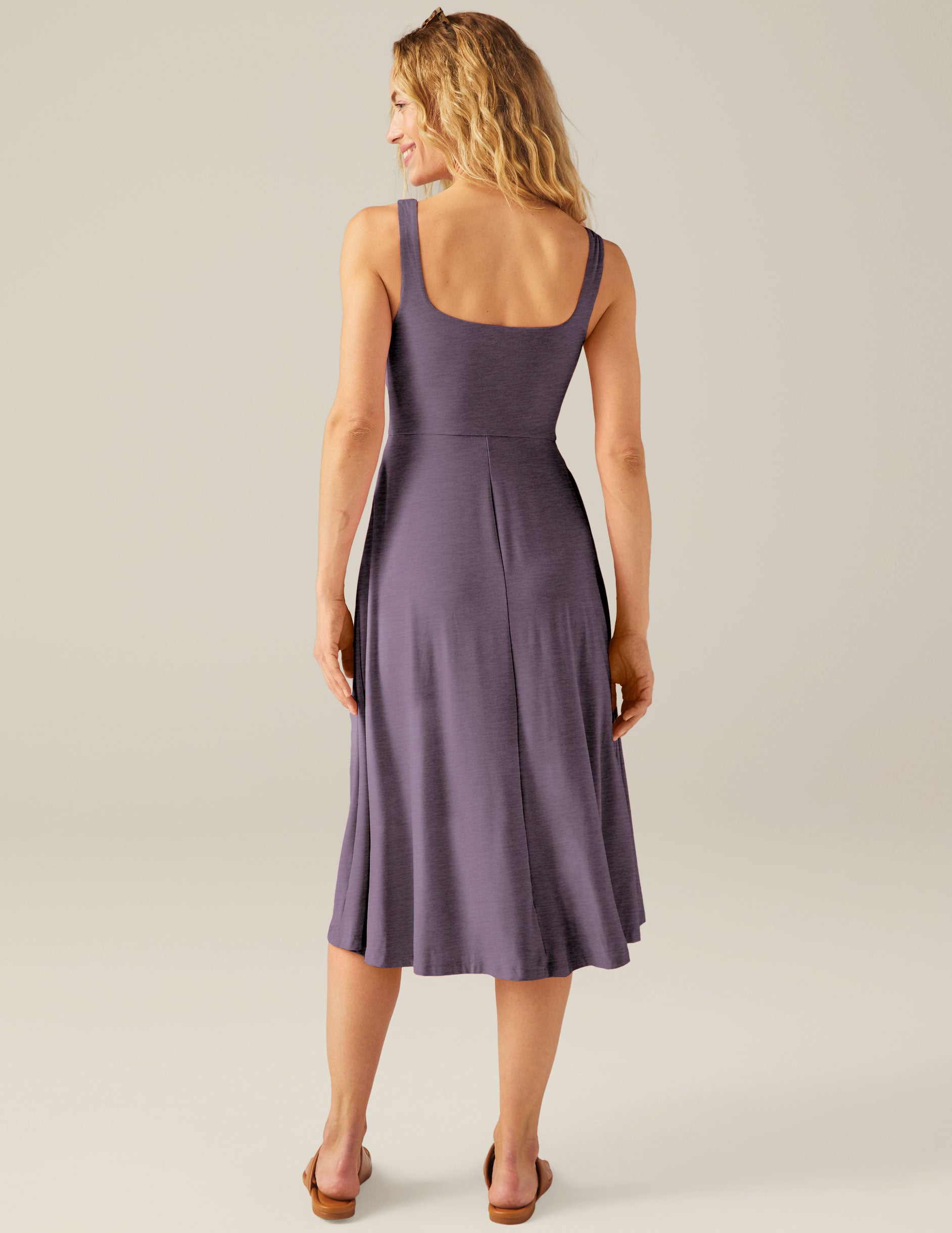 purple square neck midi dress with pockets. 