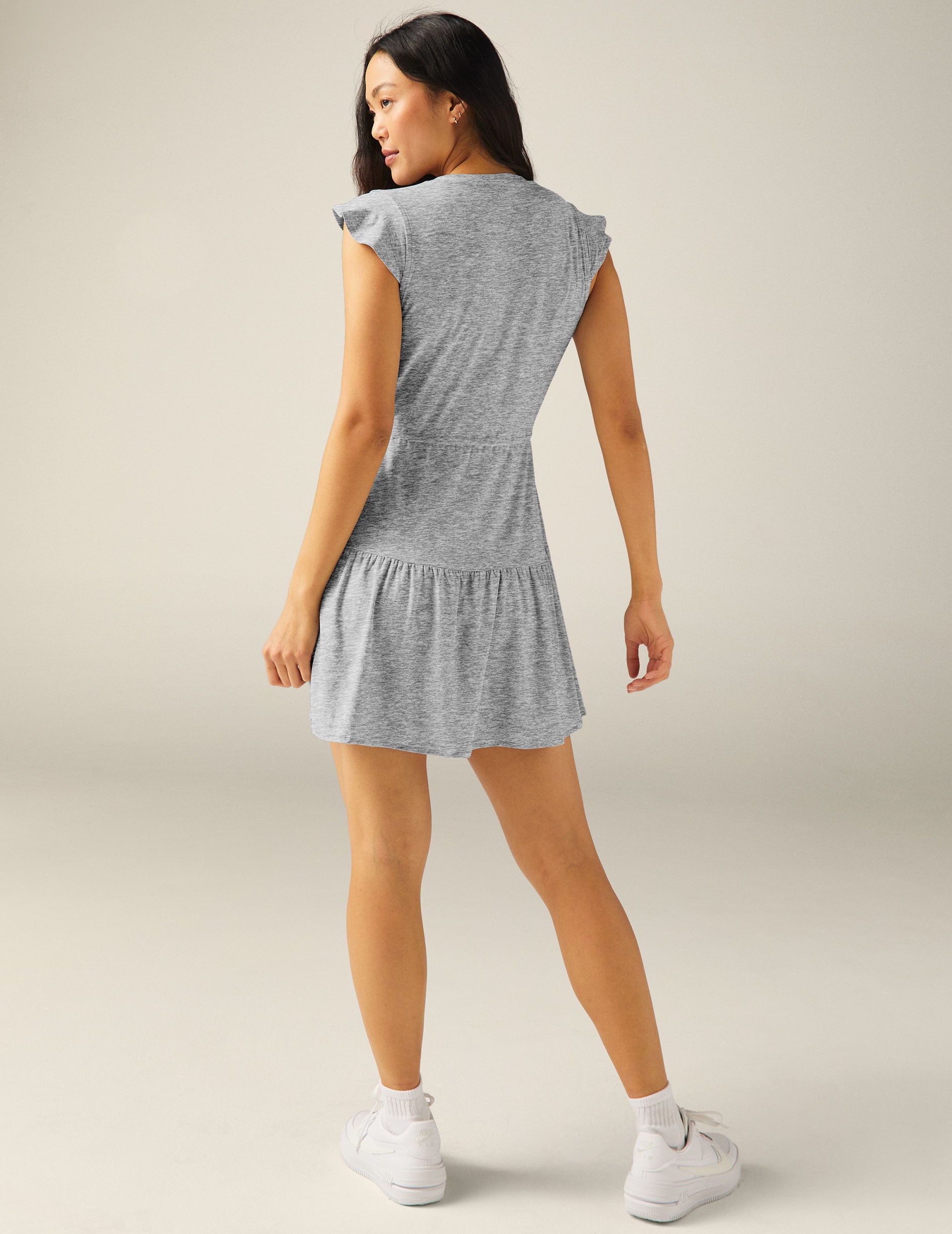 light gray flutter short sleeve mid thigh legth ruffle dress