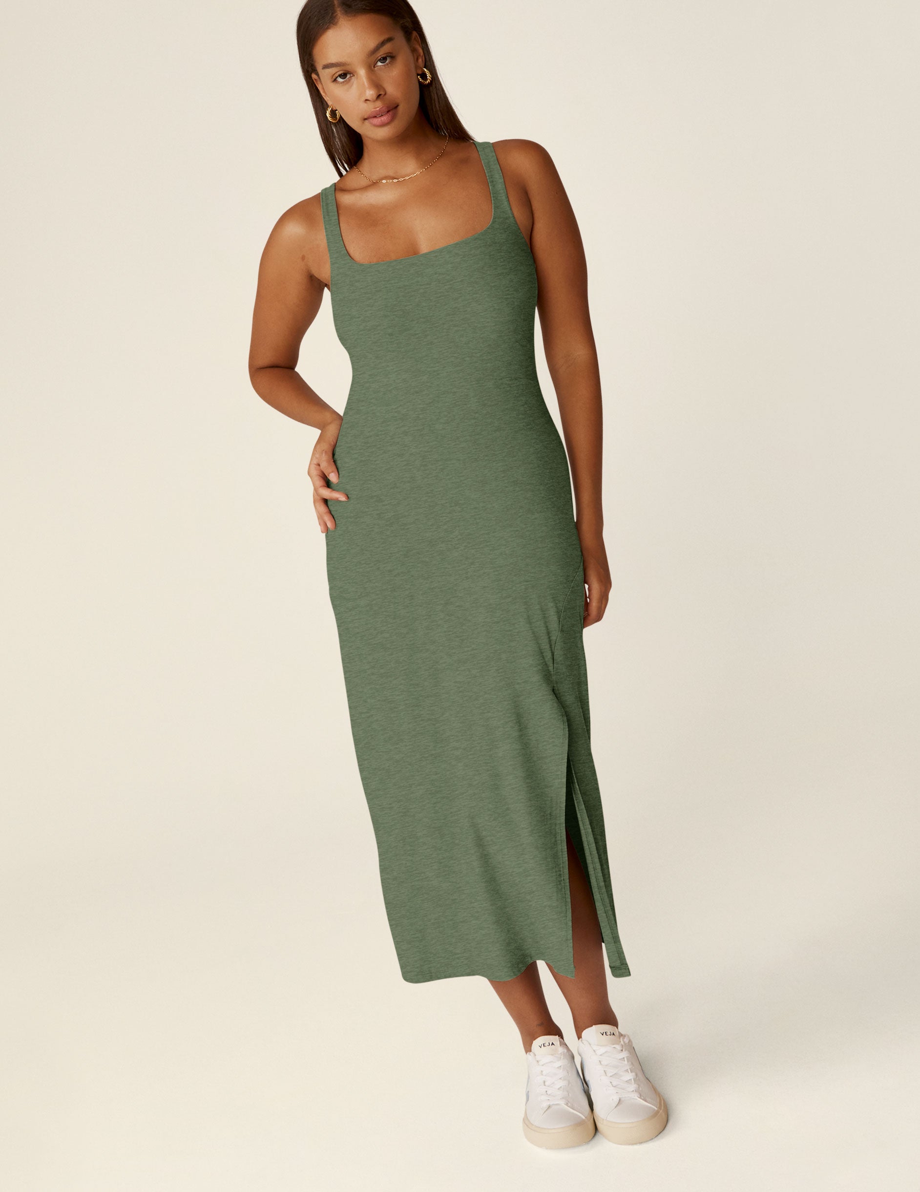 green square neck midi length dress with a front side slit.