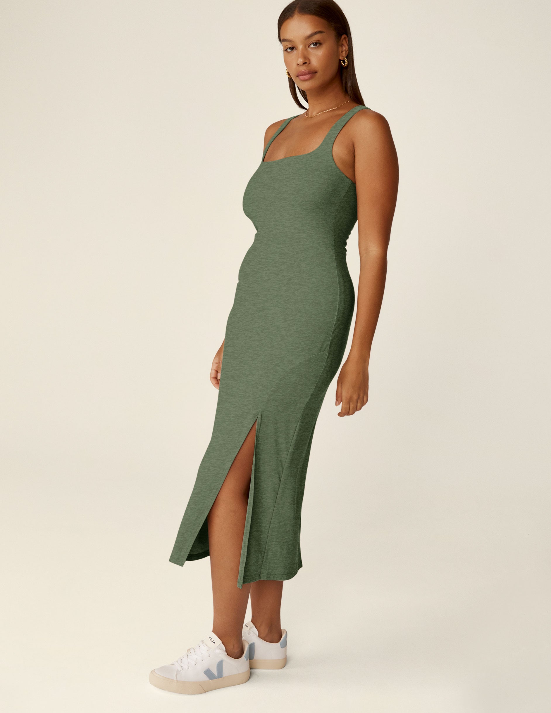 green square neck midi length dress with a front side slit.