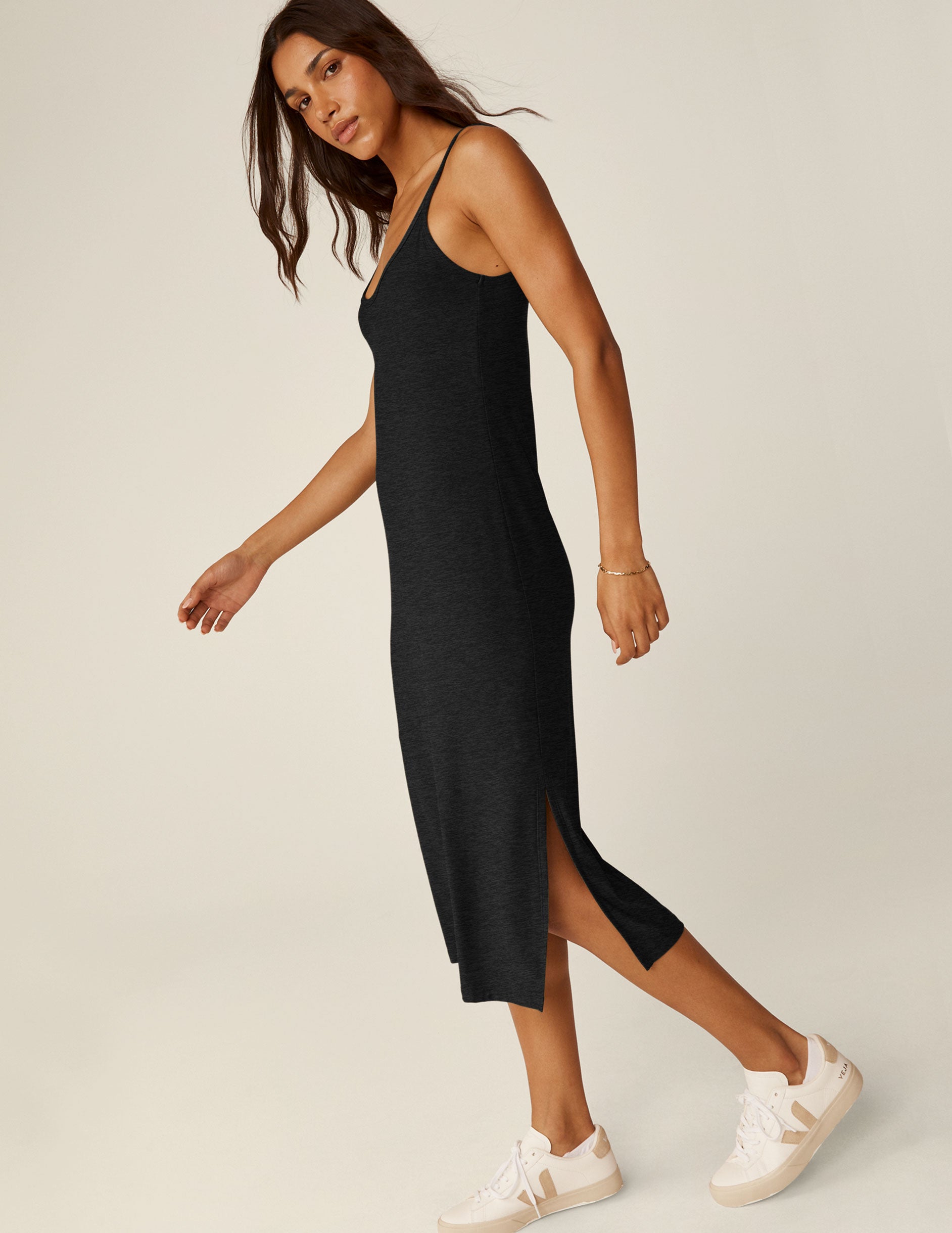 black slim strapped scoop neck midi dress with slits on each side.