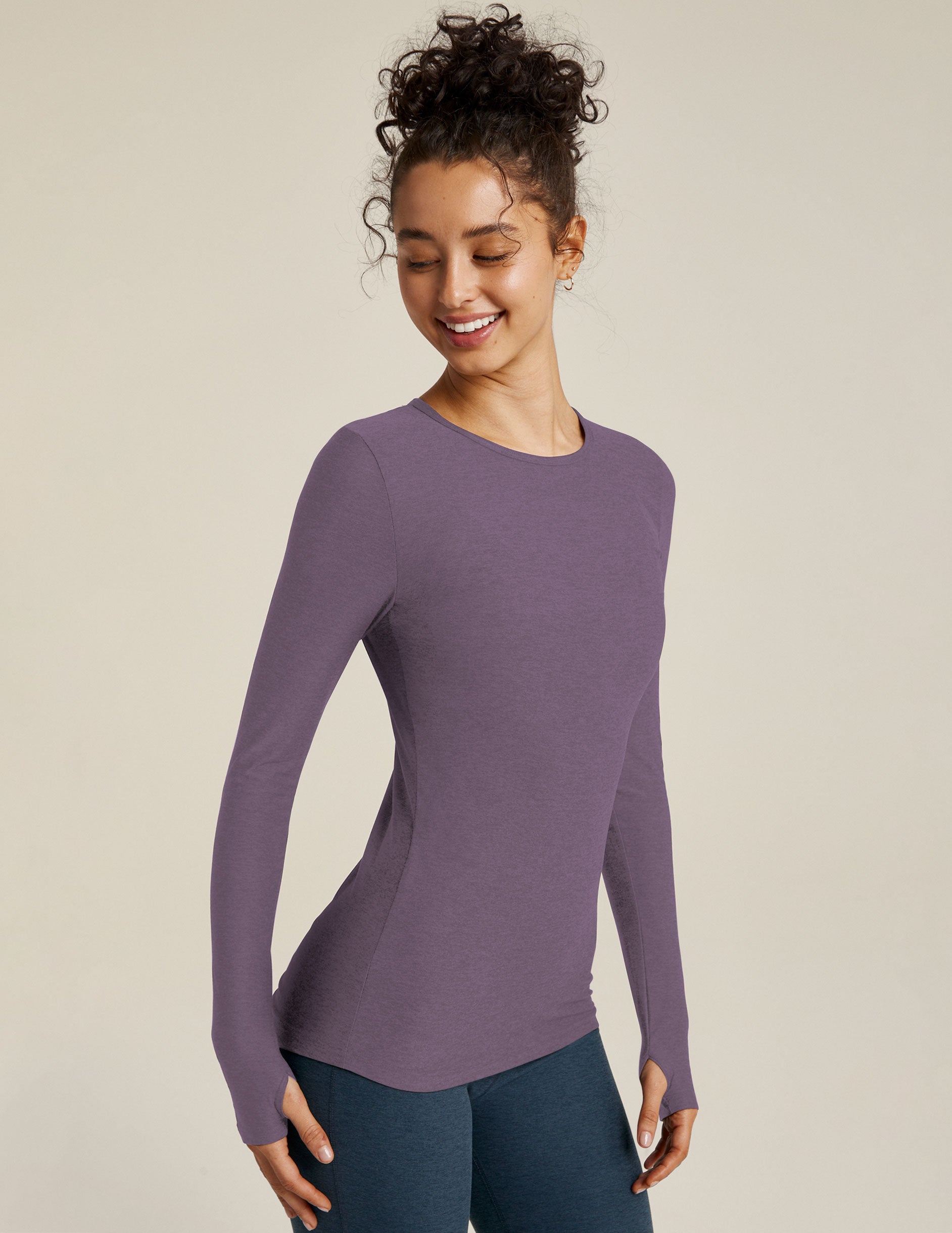 purple long sleeve scoop neck top with thumb holes. 