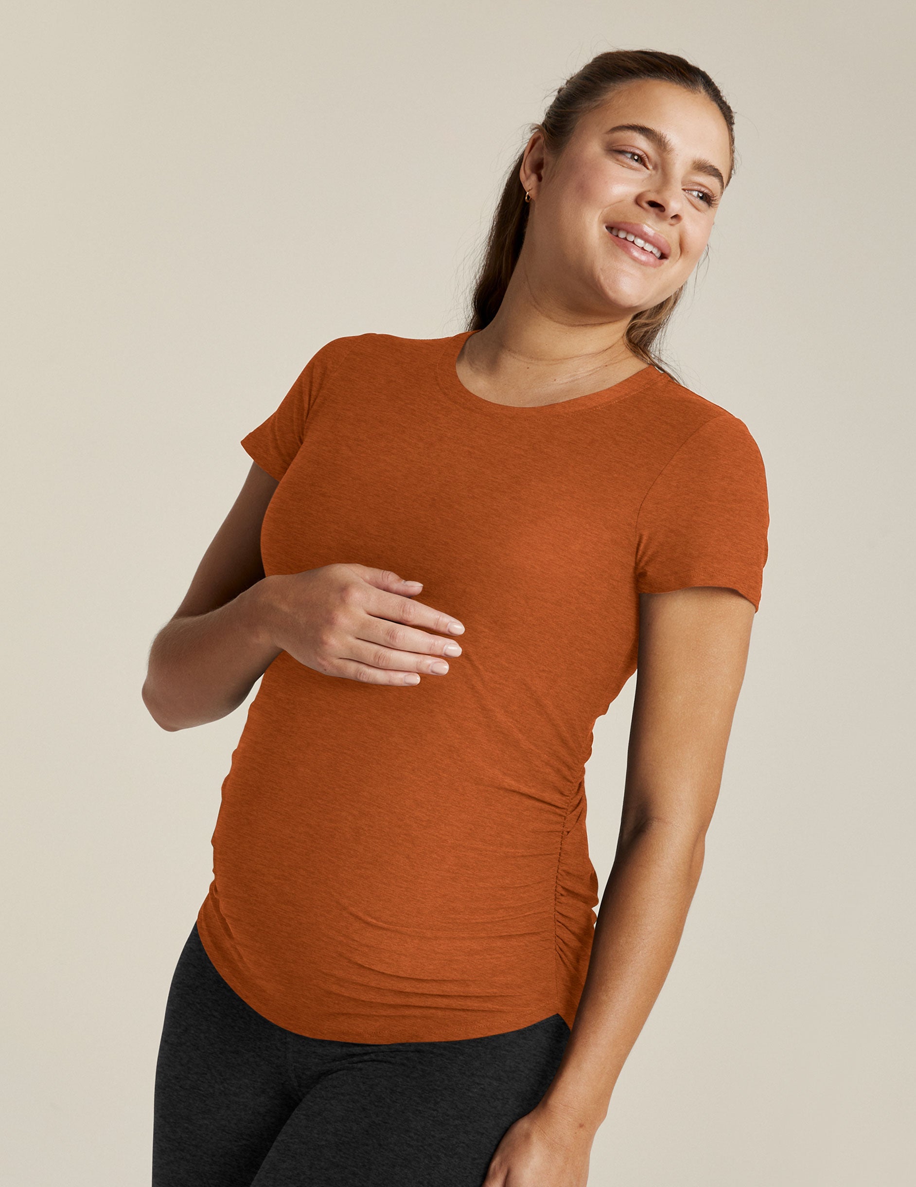 brown maternity scoop neck short sleeve top.