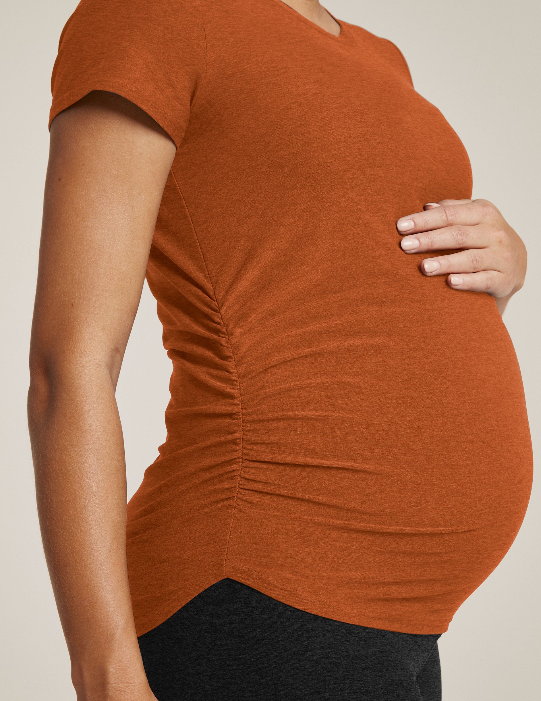 brown maternity scoop neck short sleeve top.