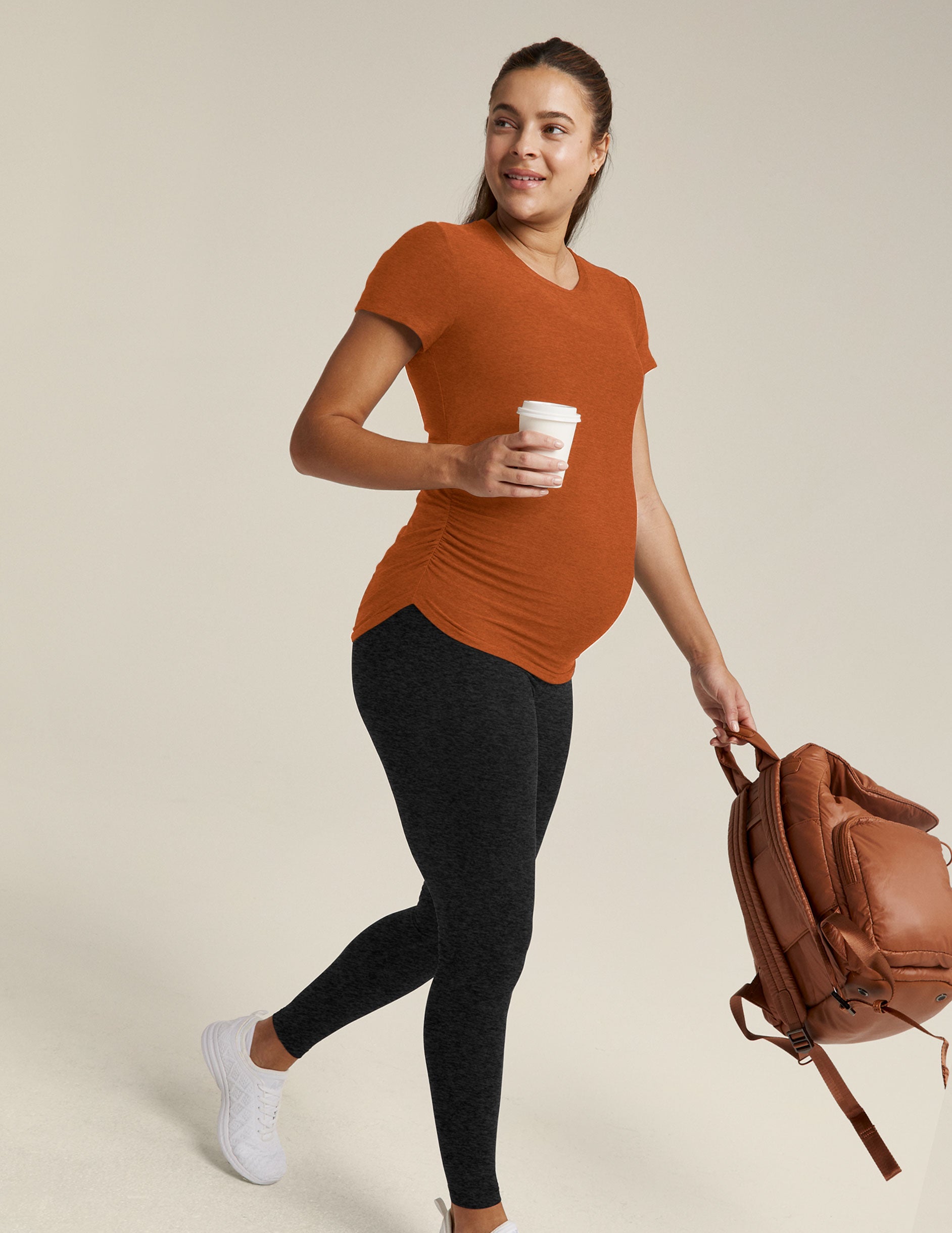 brown maternity scoop neck short sleeve top.