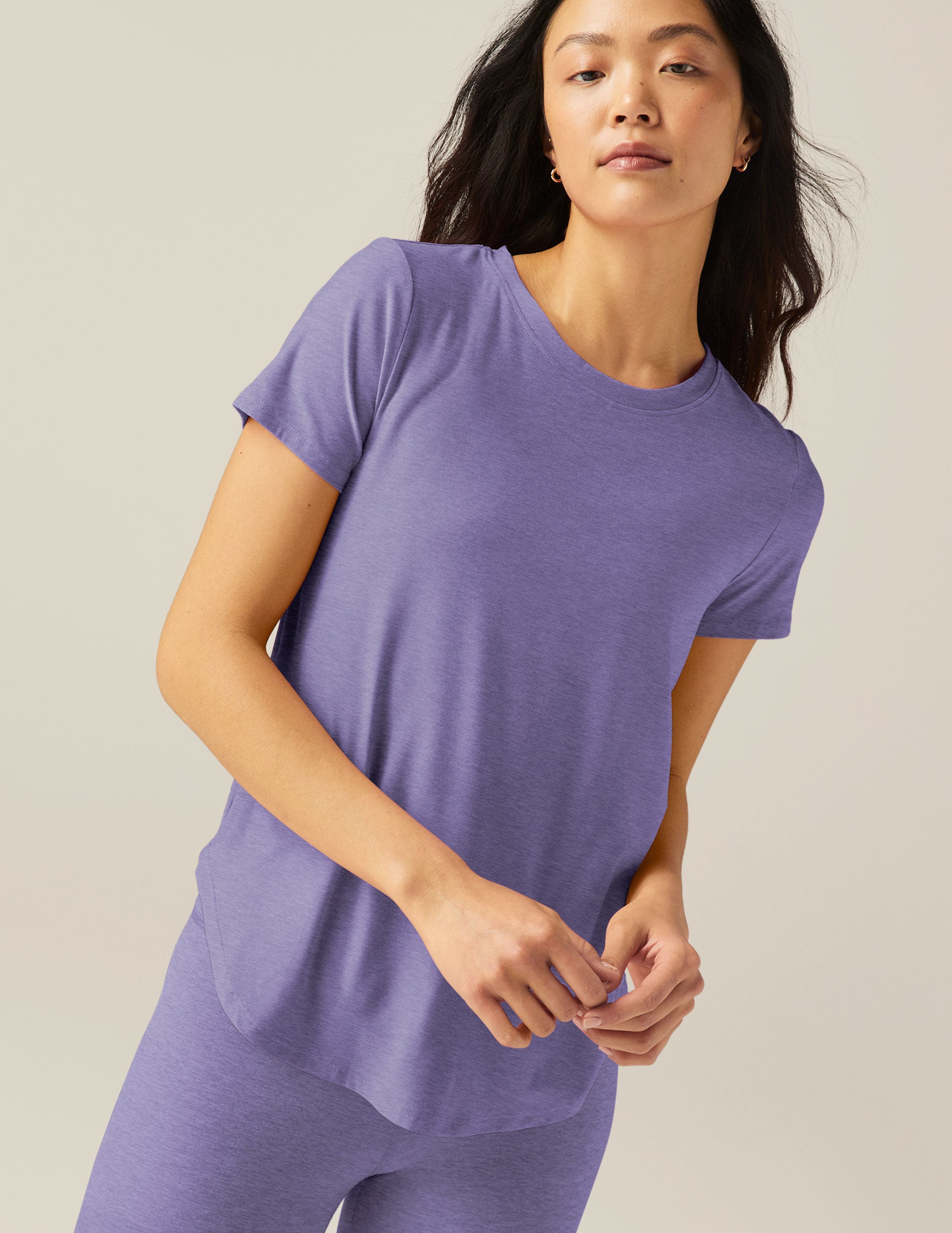 purple short sleeve crew neck t-shirt. 