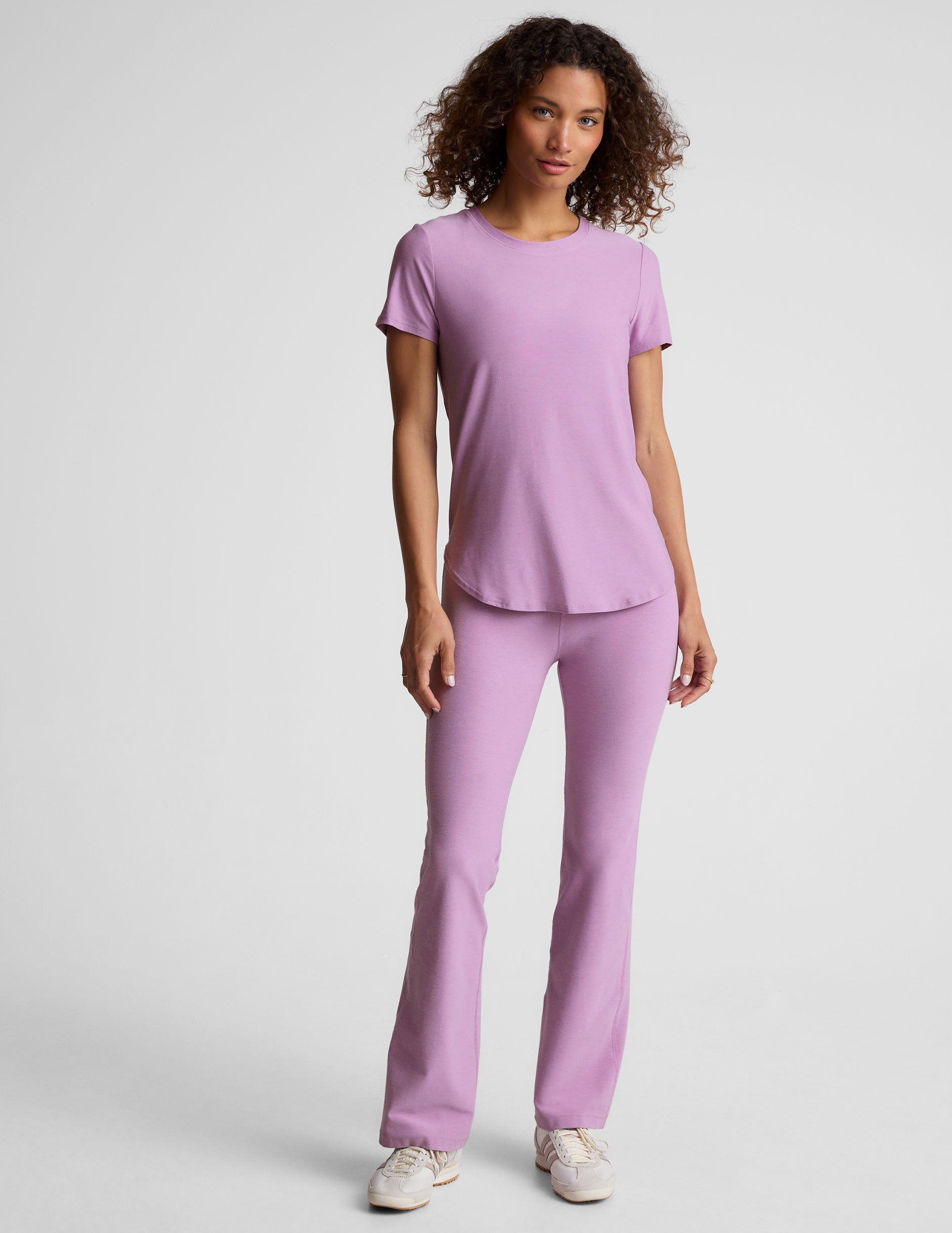 purple scoop neck short sleeve t-shirt.