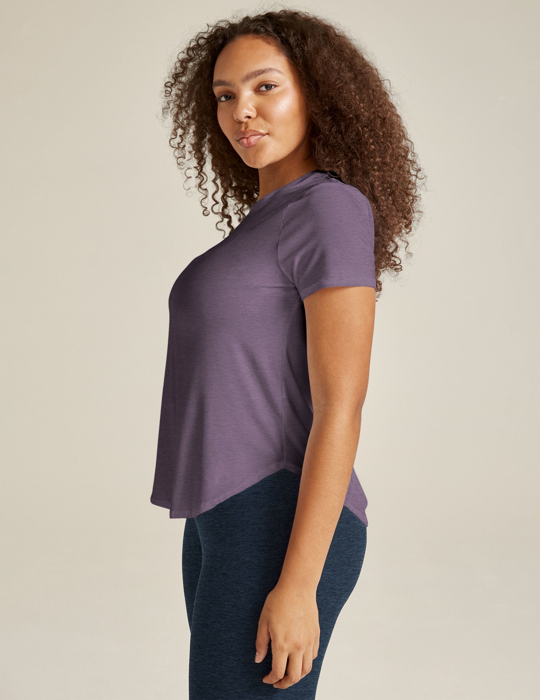 purple short sleeve scoop neck t-shirt. 