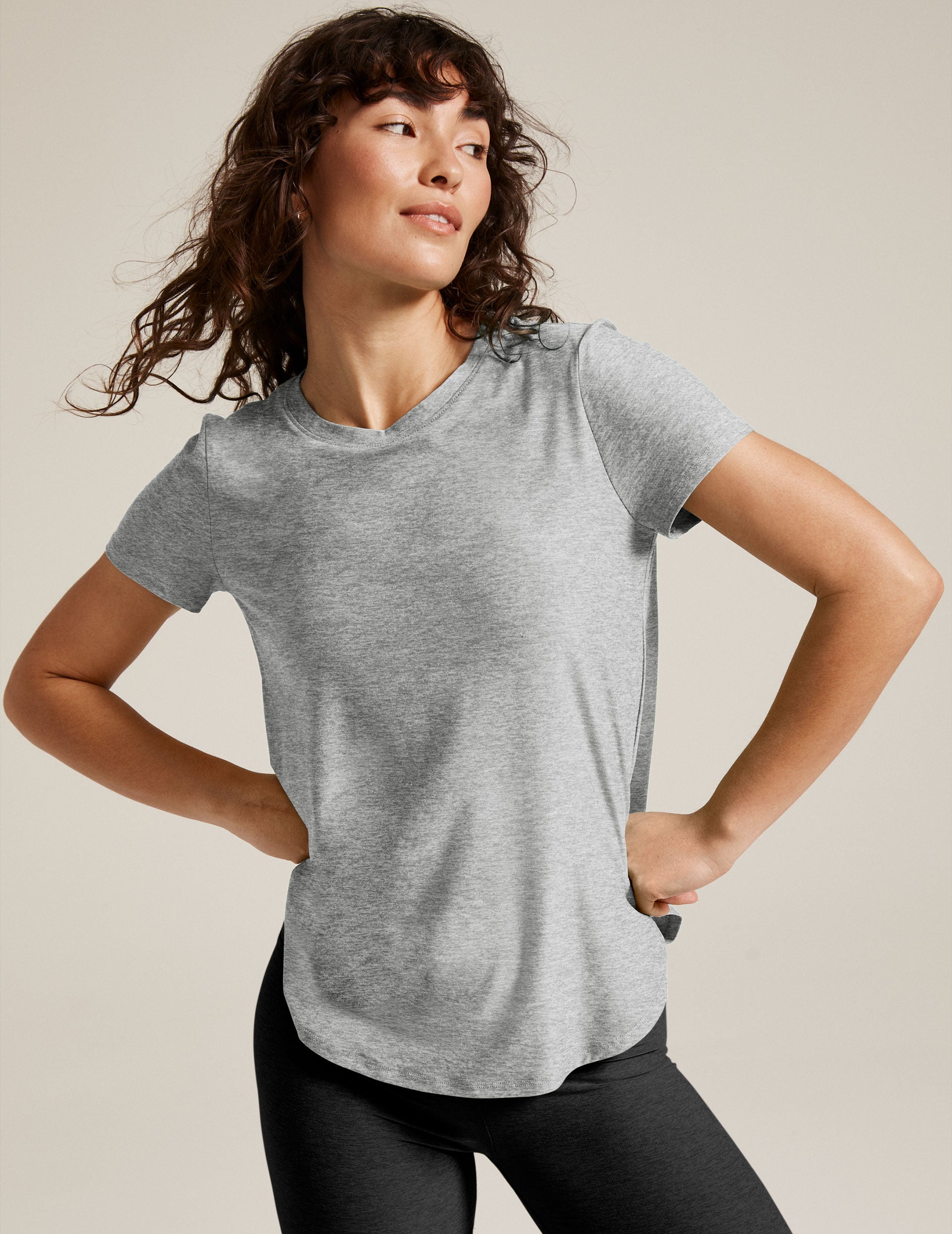 silver short sleeve t-shirt. 