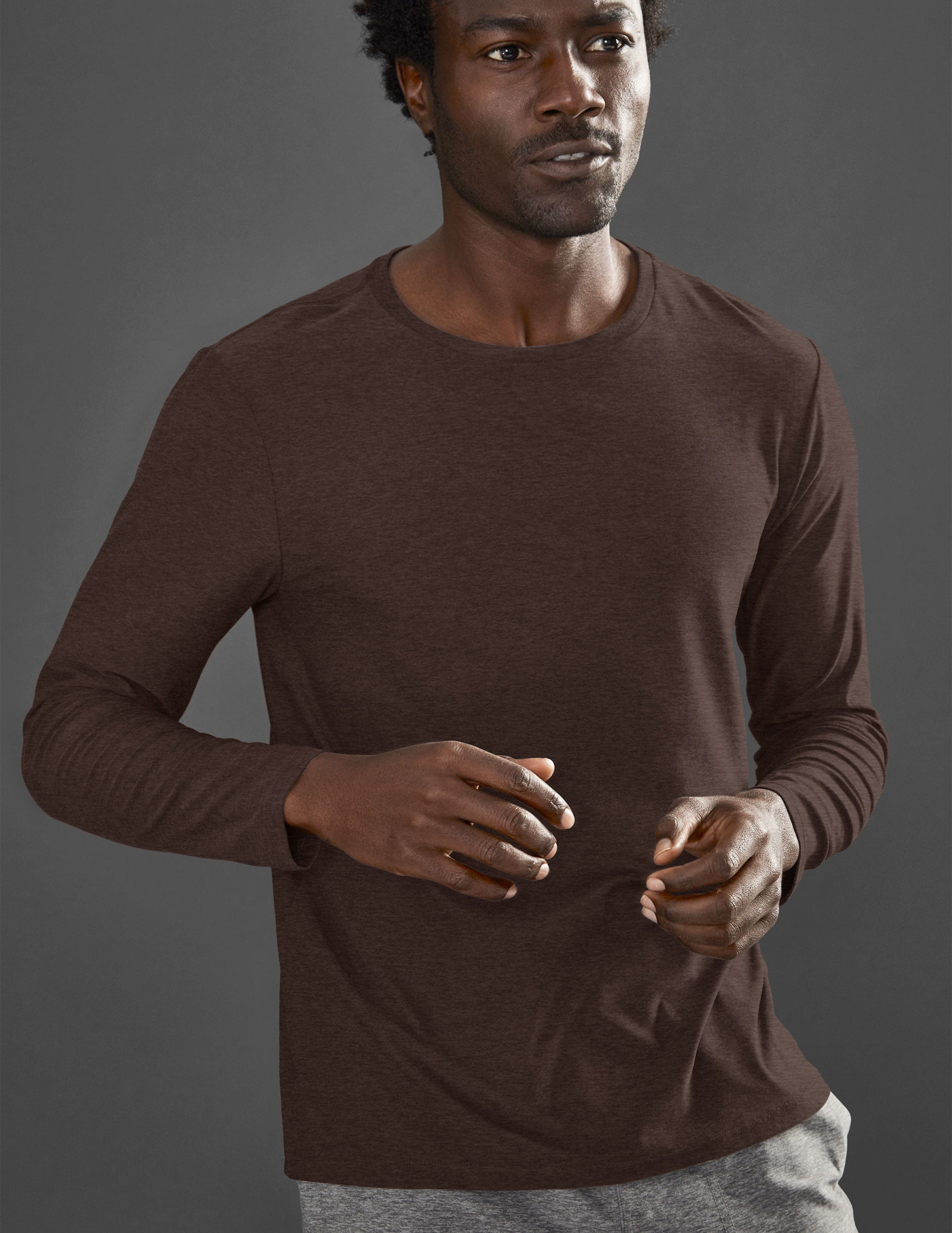 brown men's long sleeve pullover shirt. 