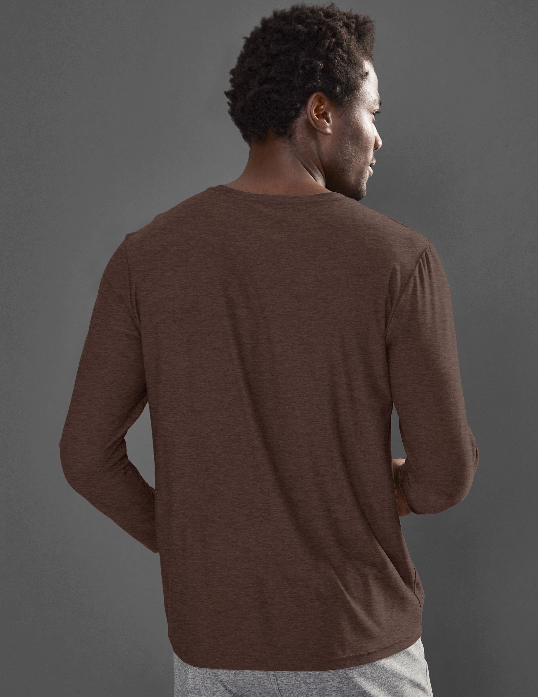 brown men's long sleeve pullover shirt. 