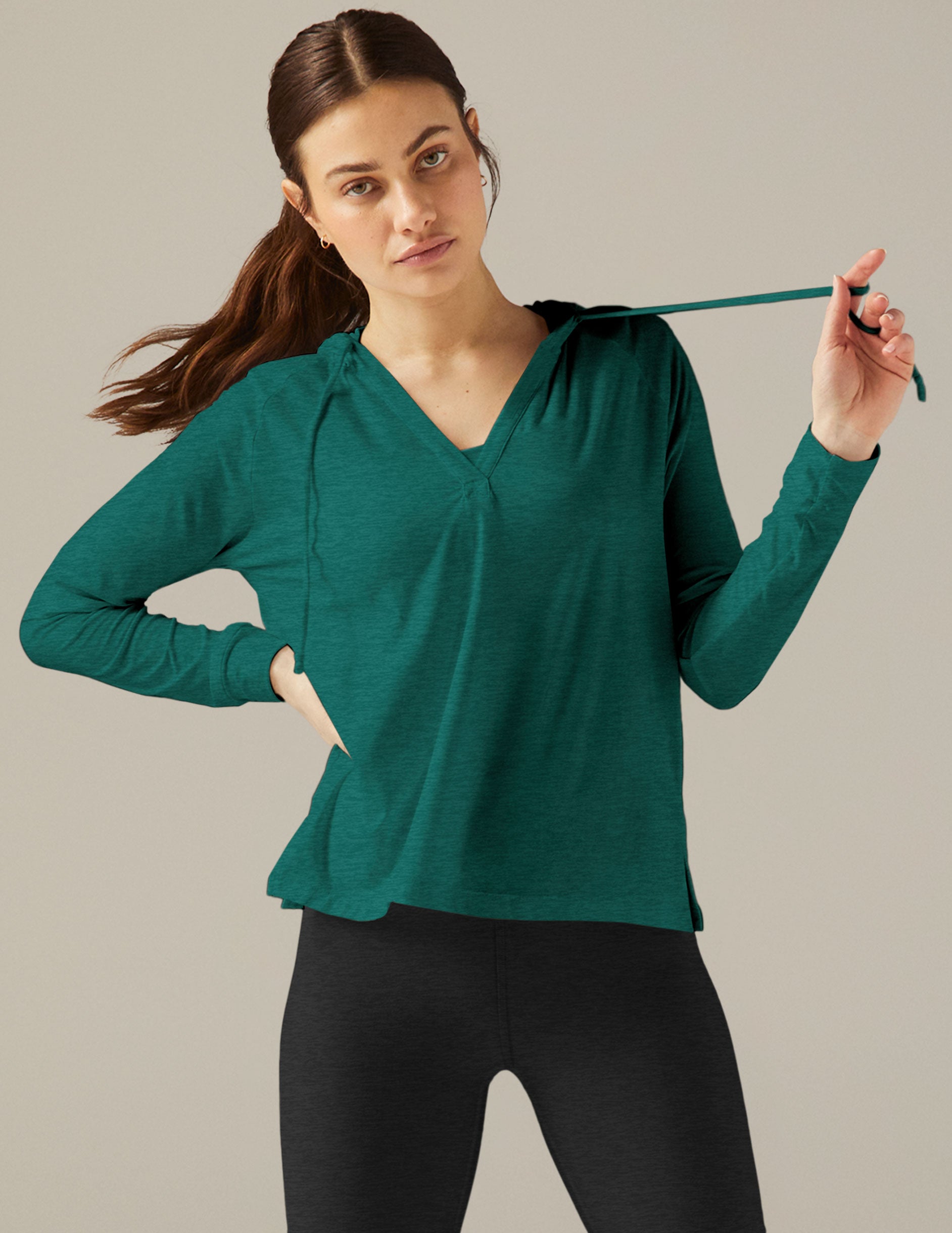 green v-neck hoodie pullover