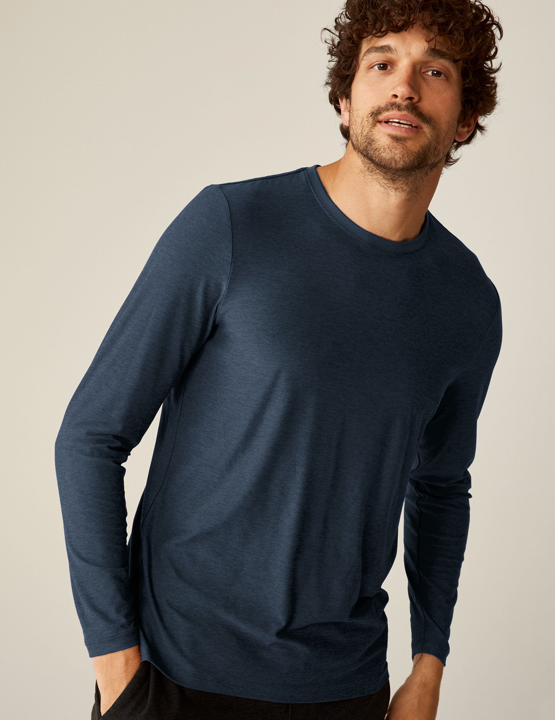 blue men's long sleeve top.