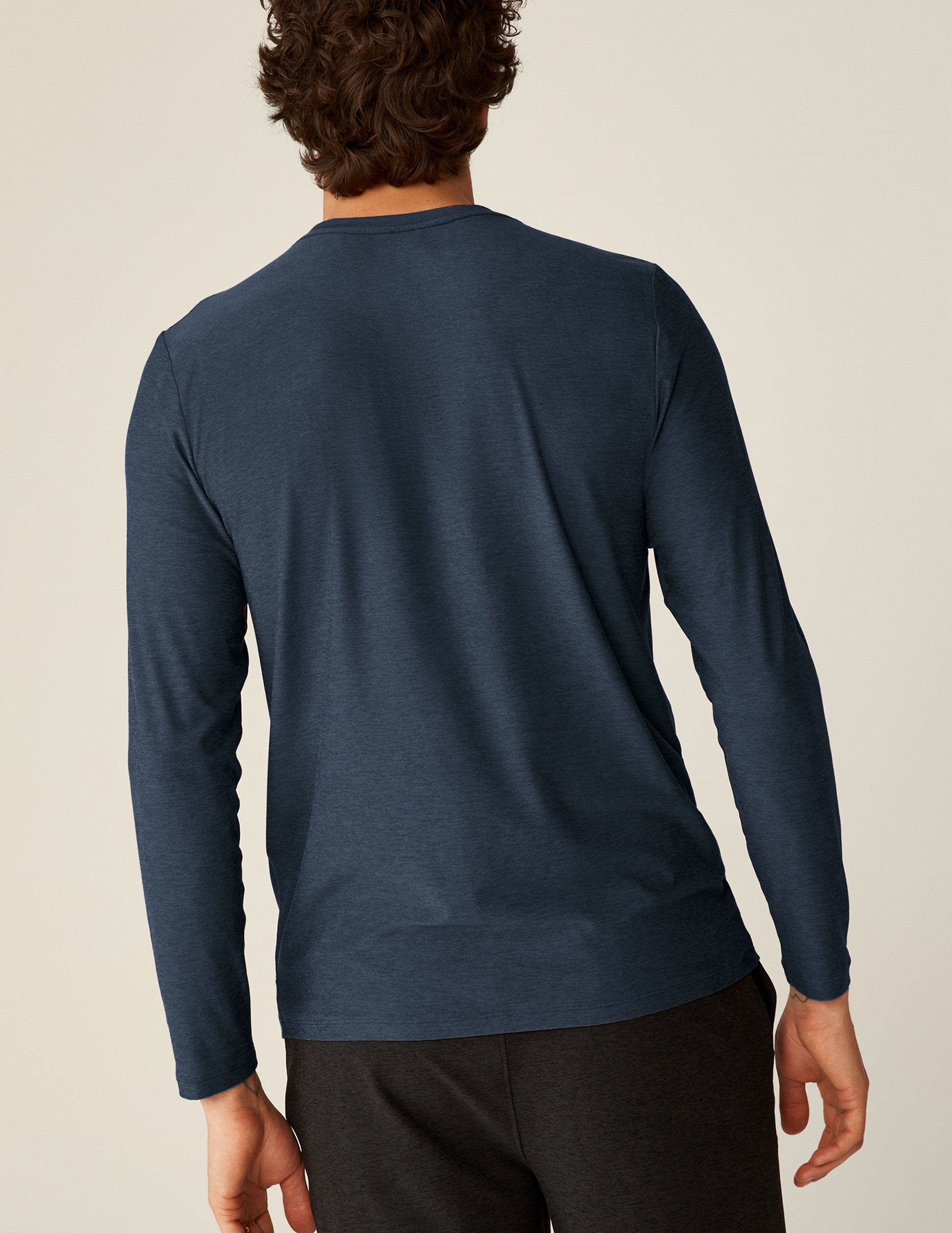 blue men's long sleeve top.