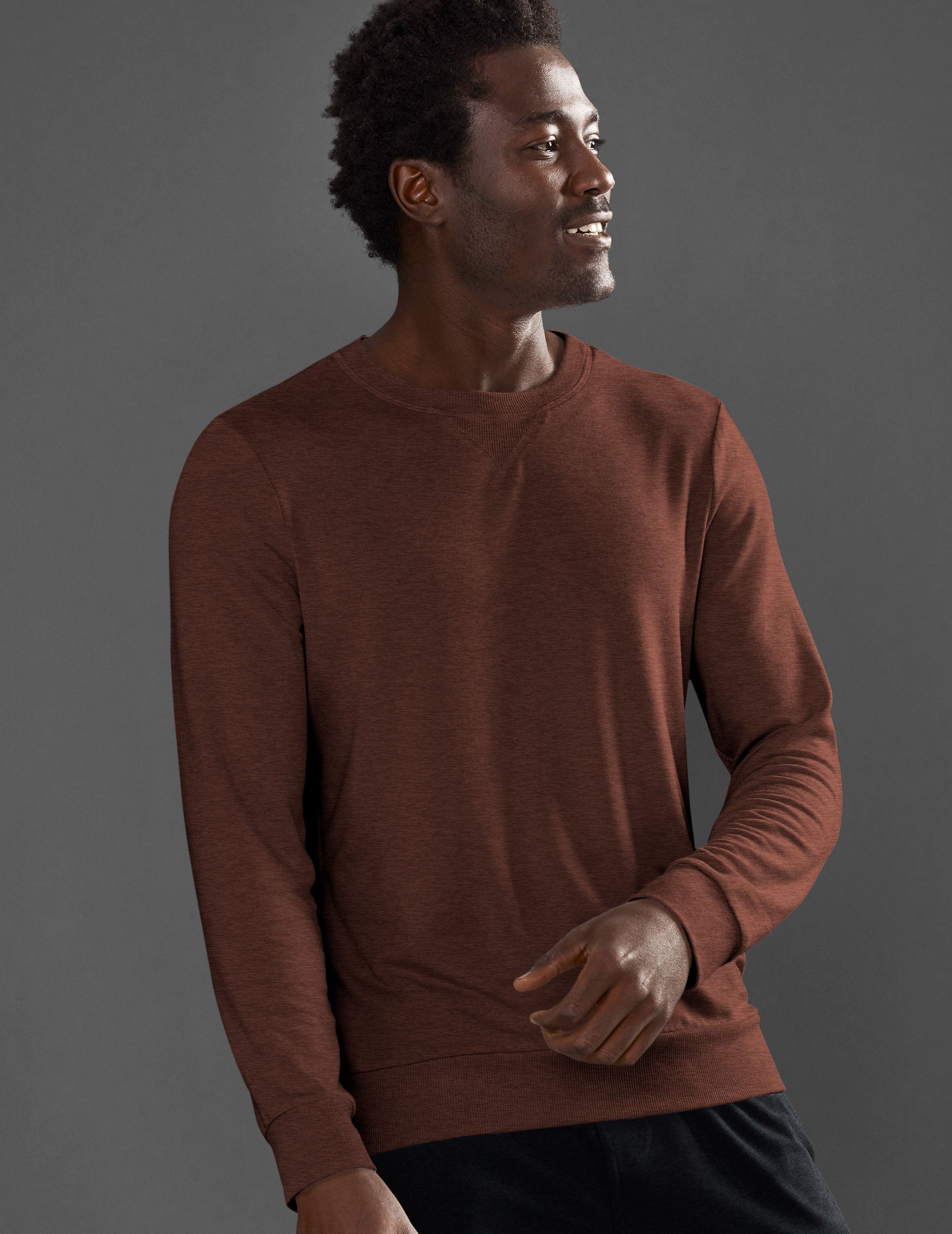 brown men's long sleeve scoop neck pullover. 