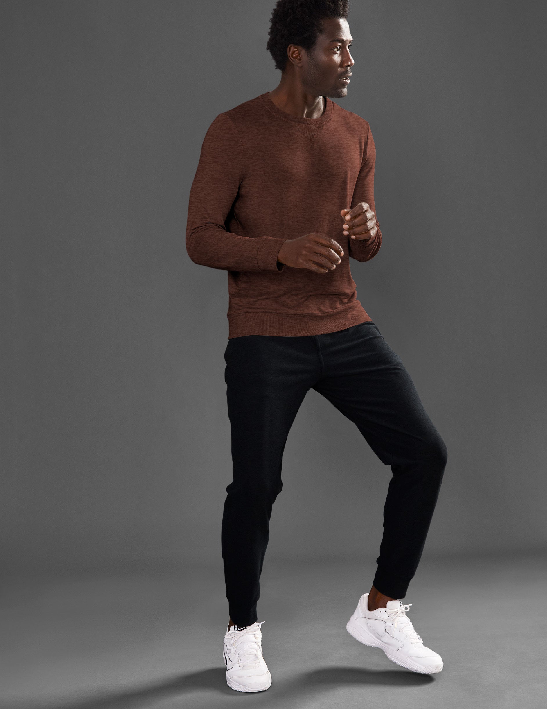 brown men's long sleeve scoop neck pullover. 