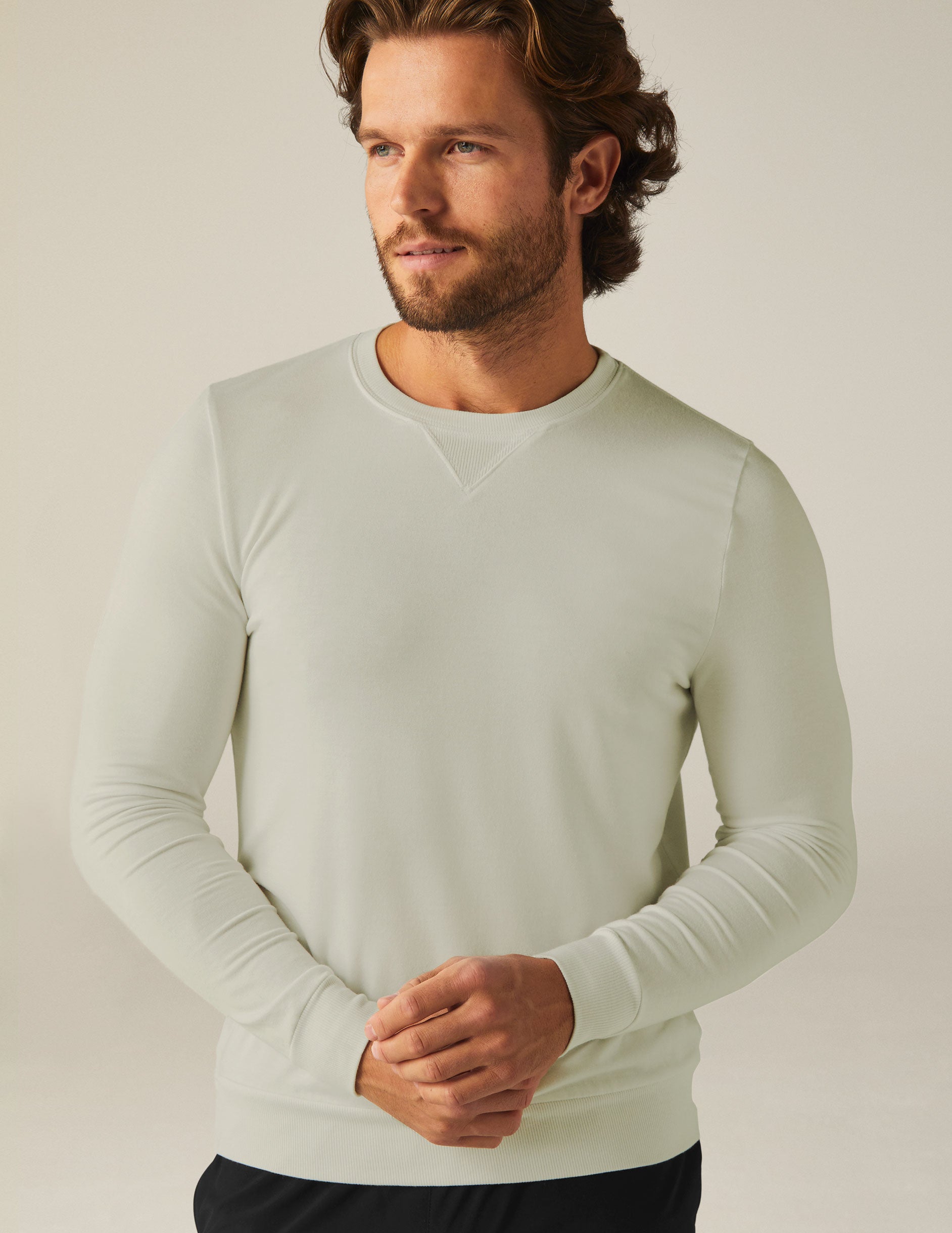 beige mens long sleeve crew neck sweatshirt