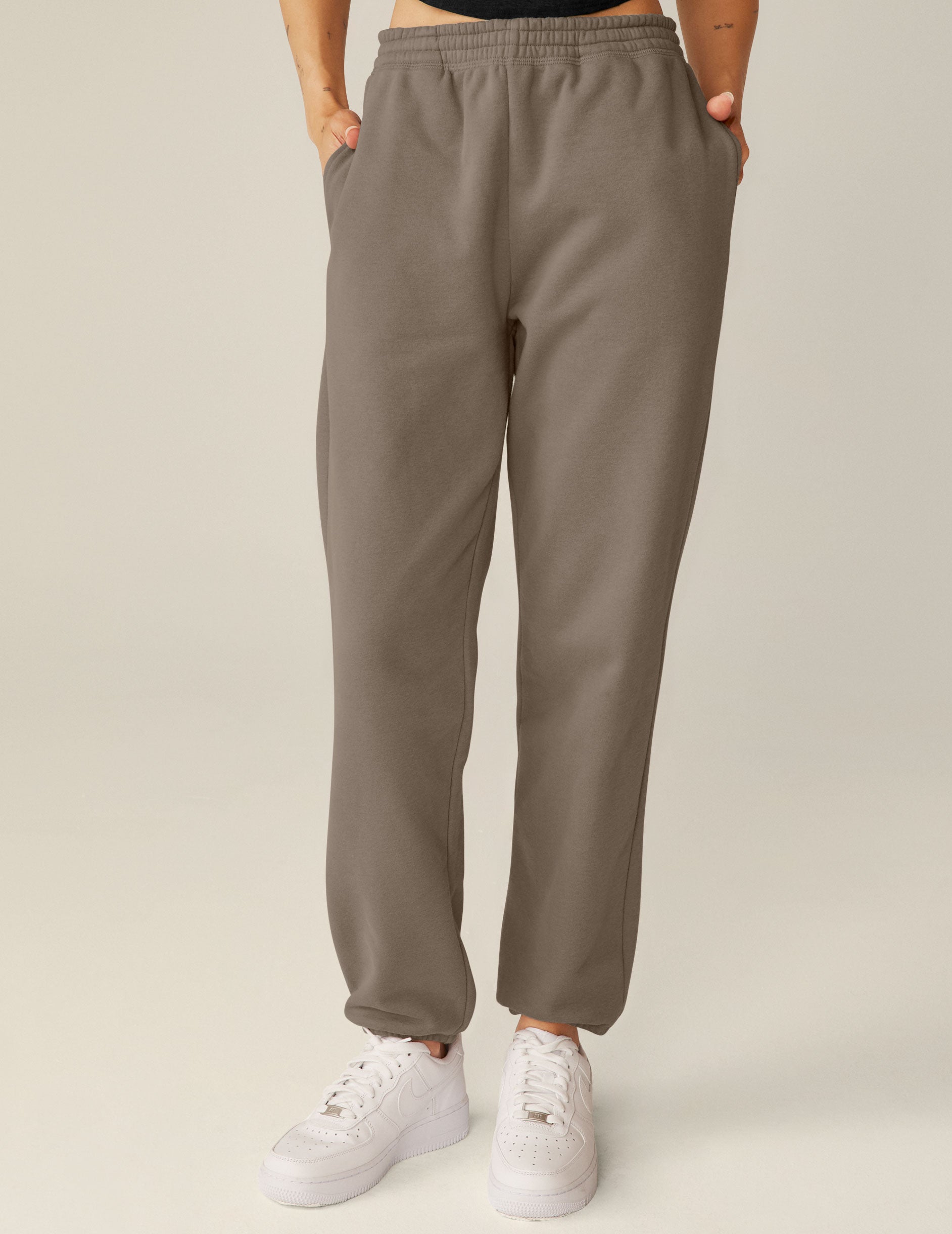 brown jogger pants with a drawstring on internal waistband. 