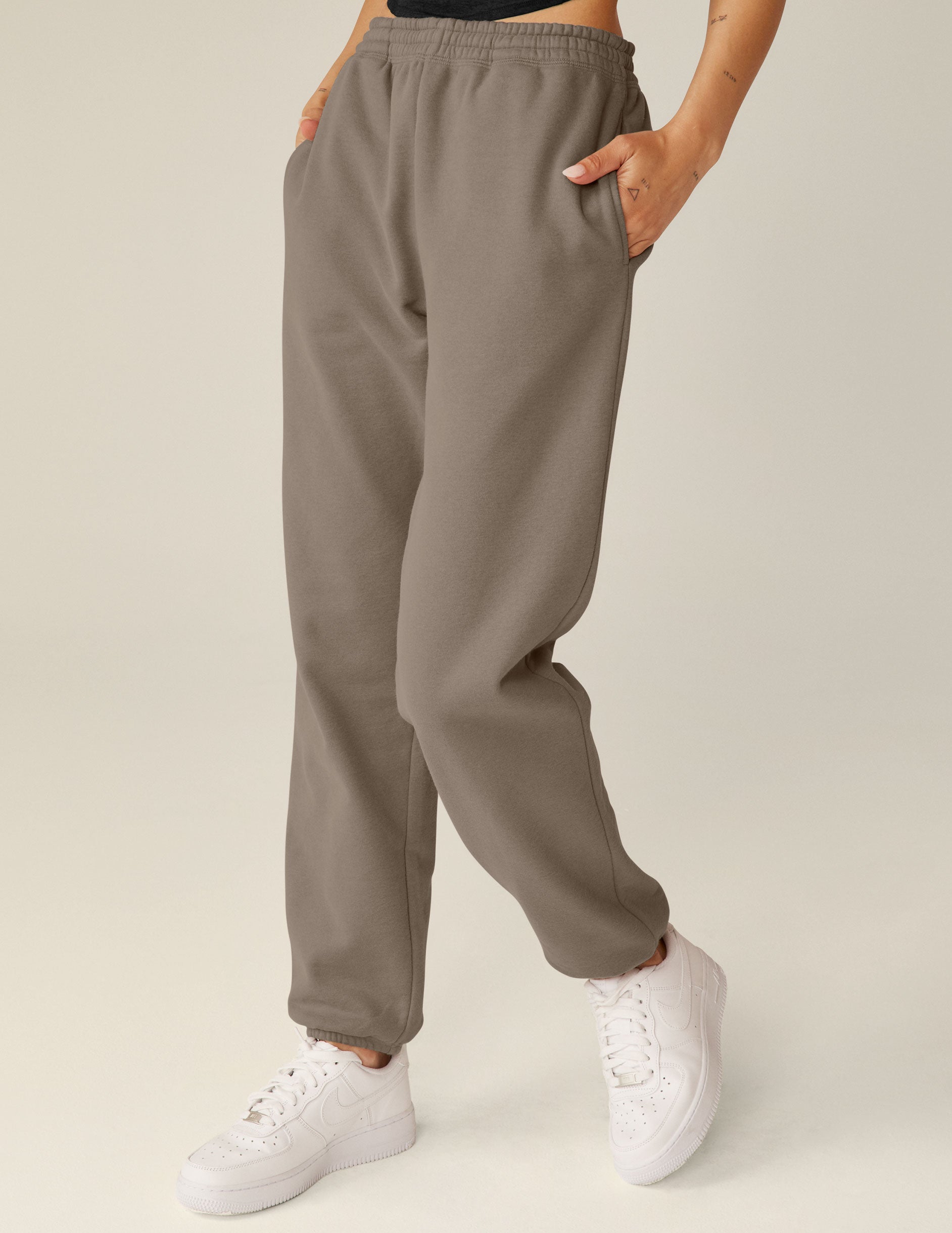 brown jogger pants with a drawstring on internal waistband