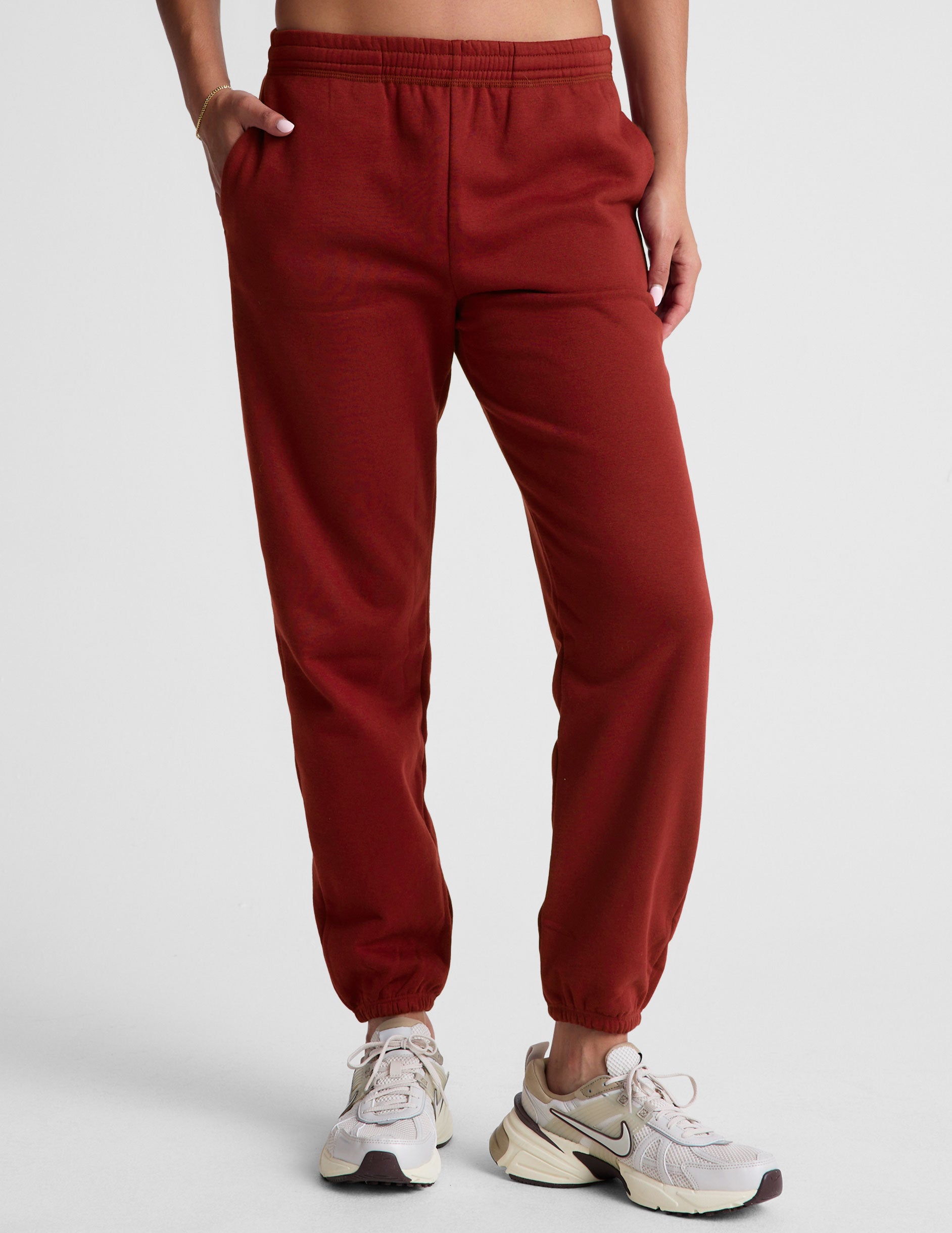 red fleece jogger sweatpants.