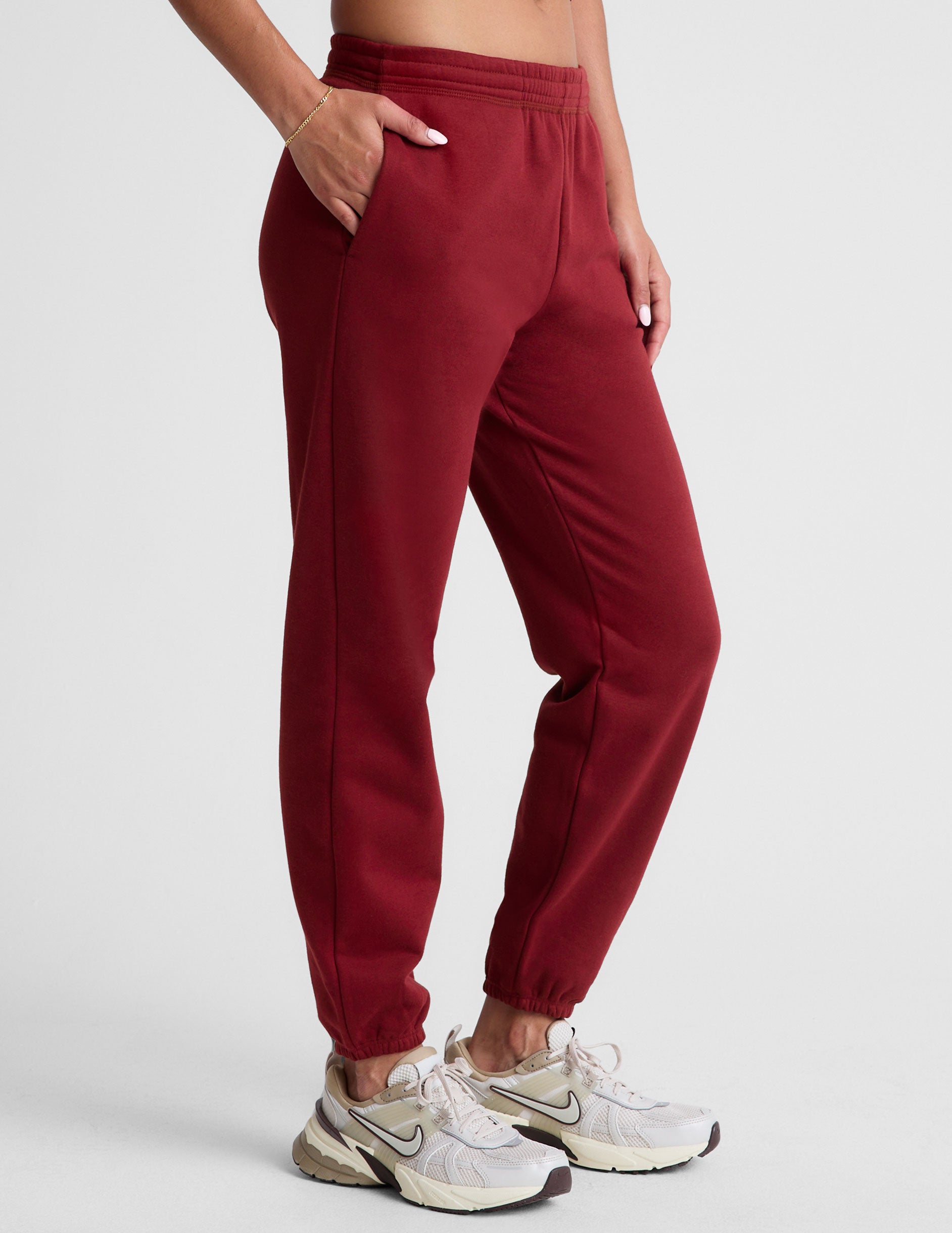 red fleece jogger sweatpants.