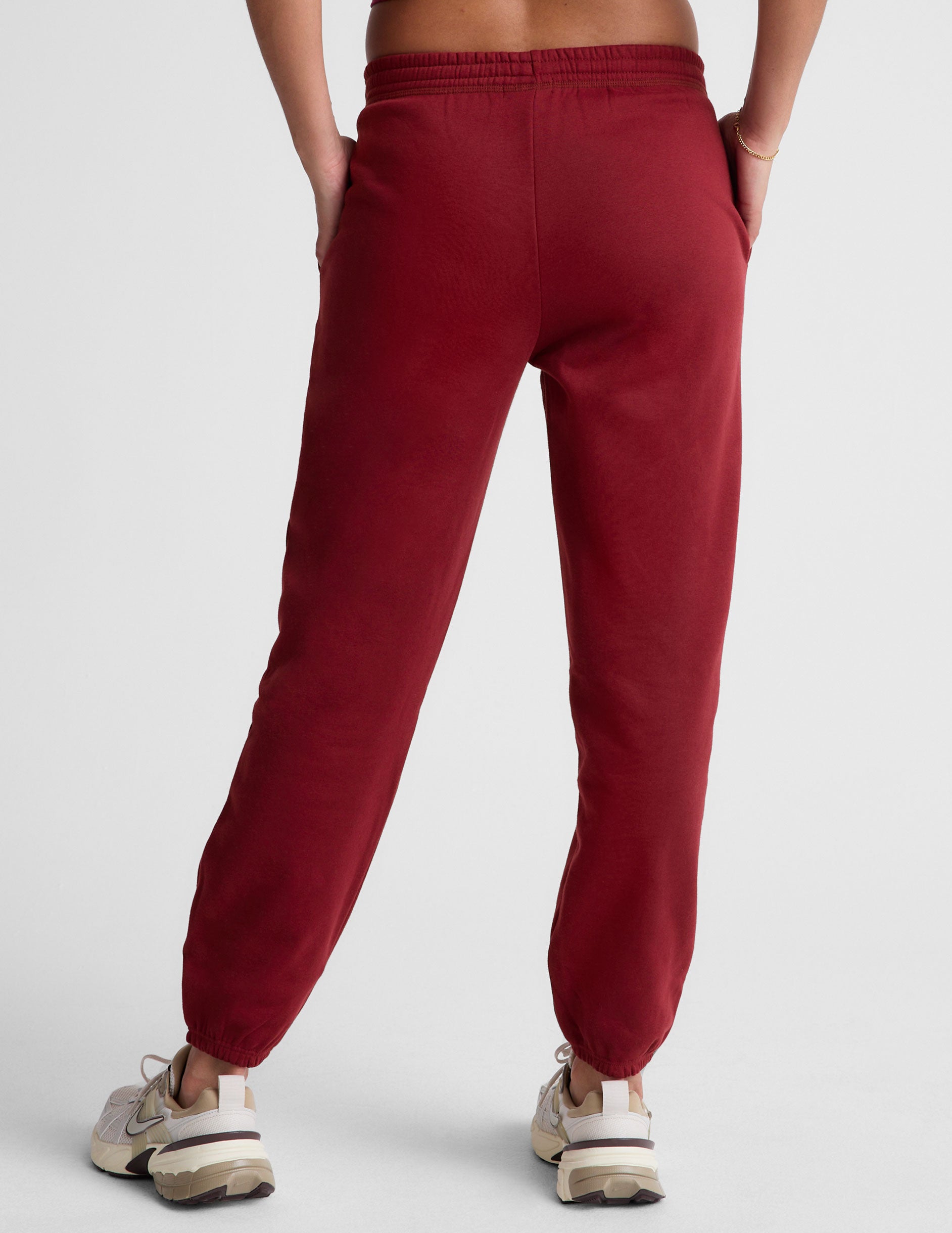 red fleece jogger sweatpants.