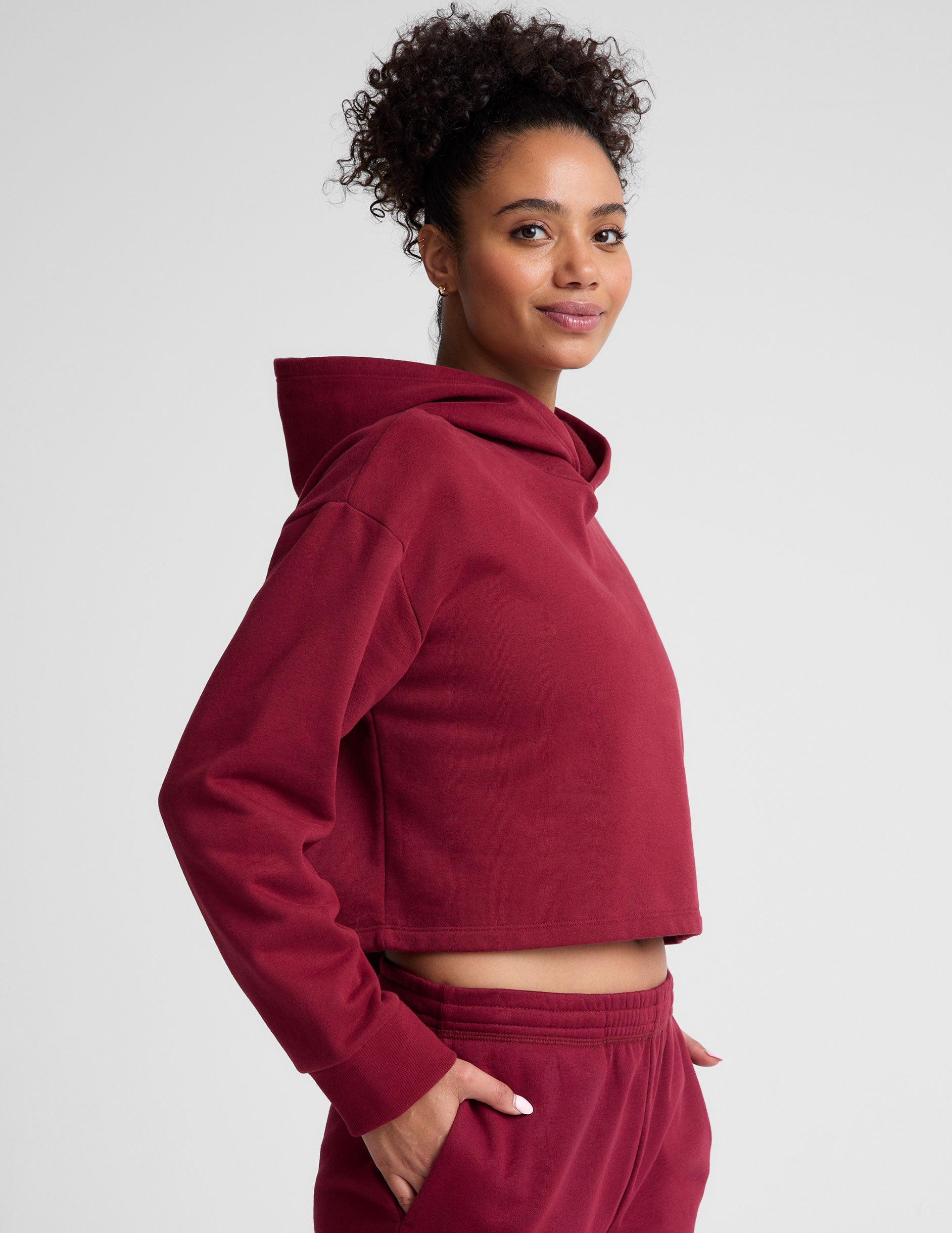 red cropped fleece hoodie.
