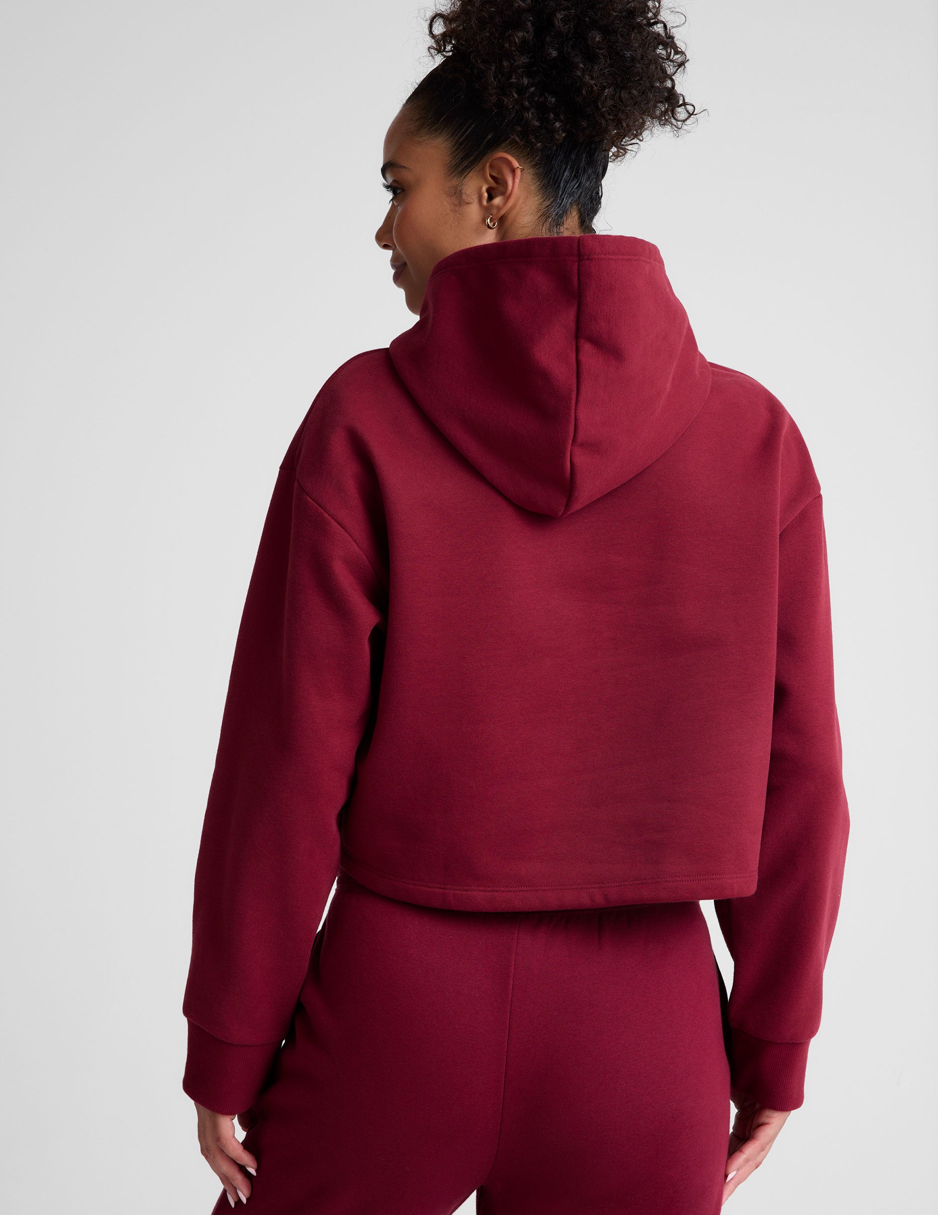 red cropped fleece hoodie.
