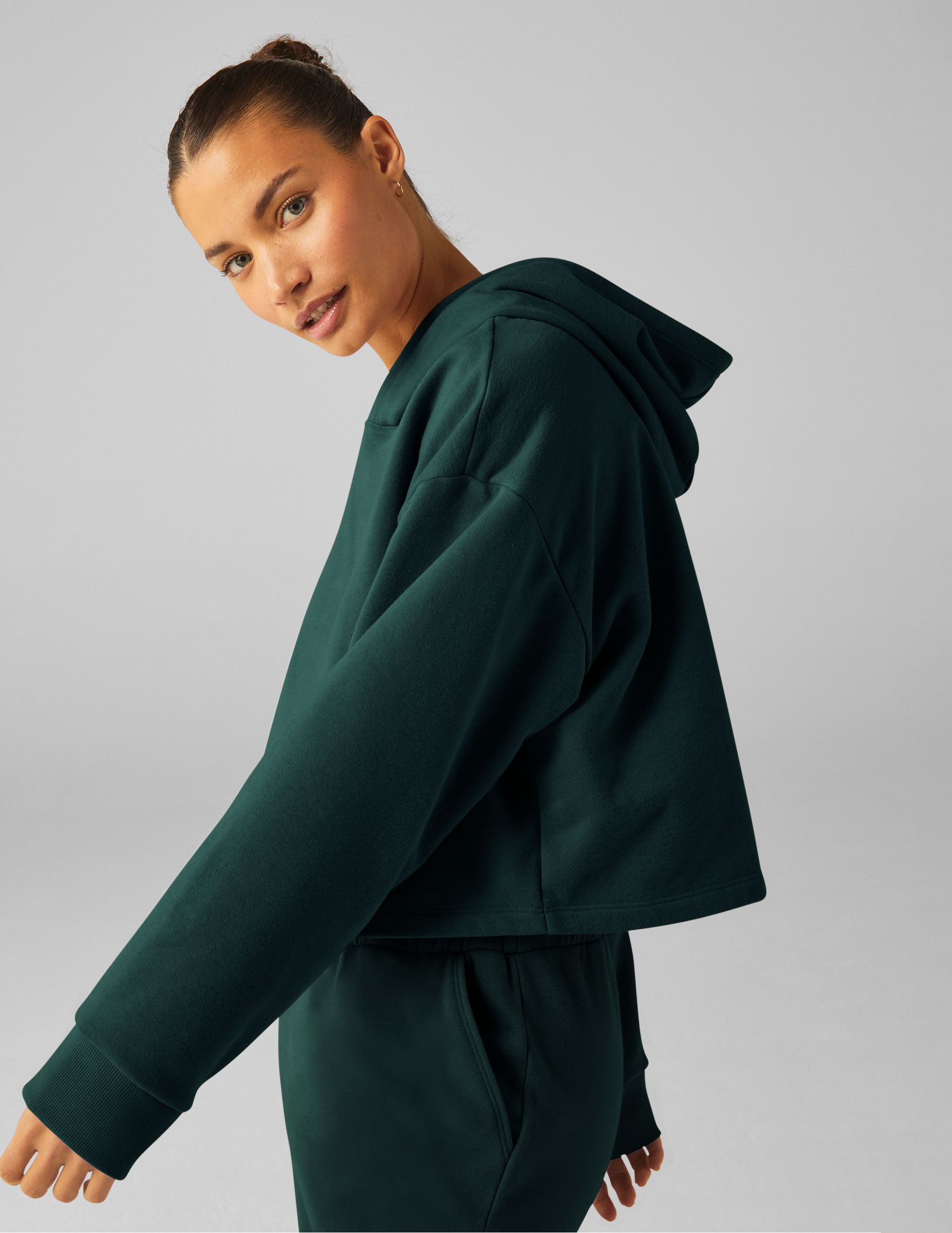 green cropped hoodie.