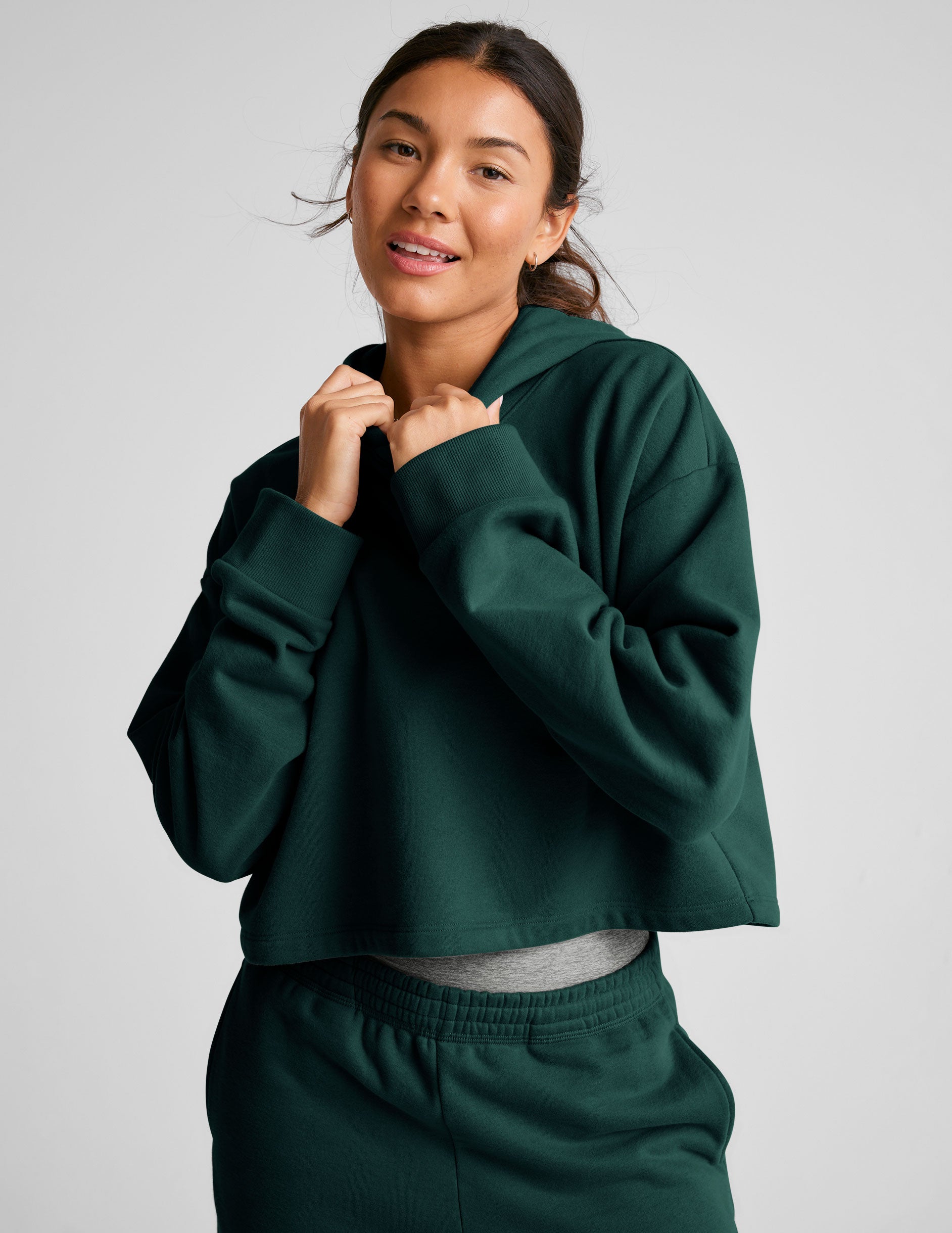 green cropped hoodie.