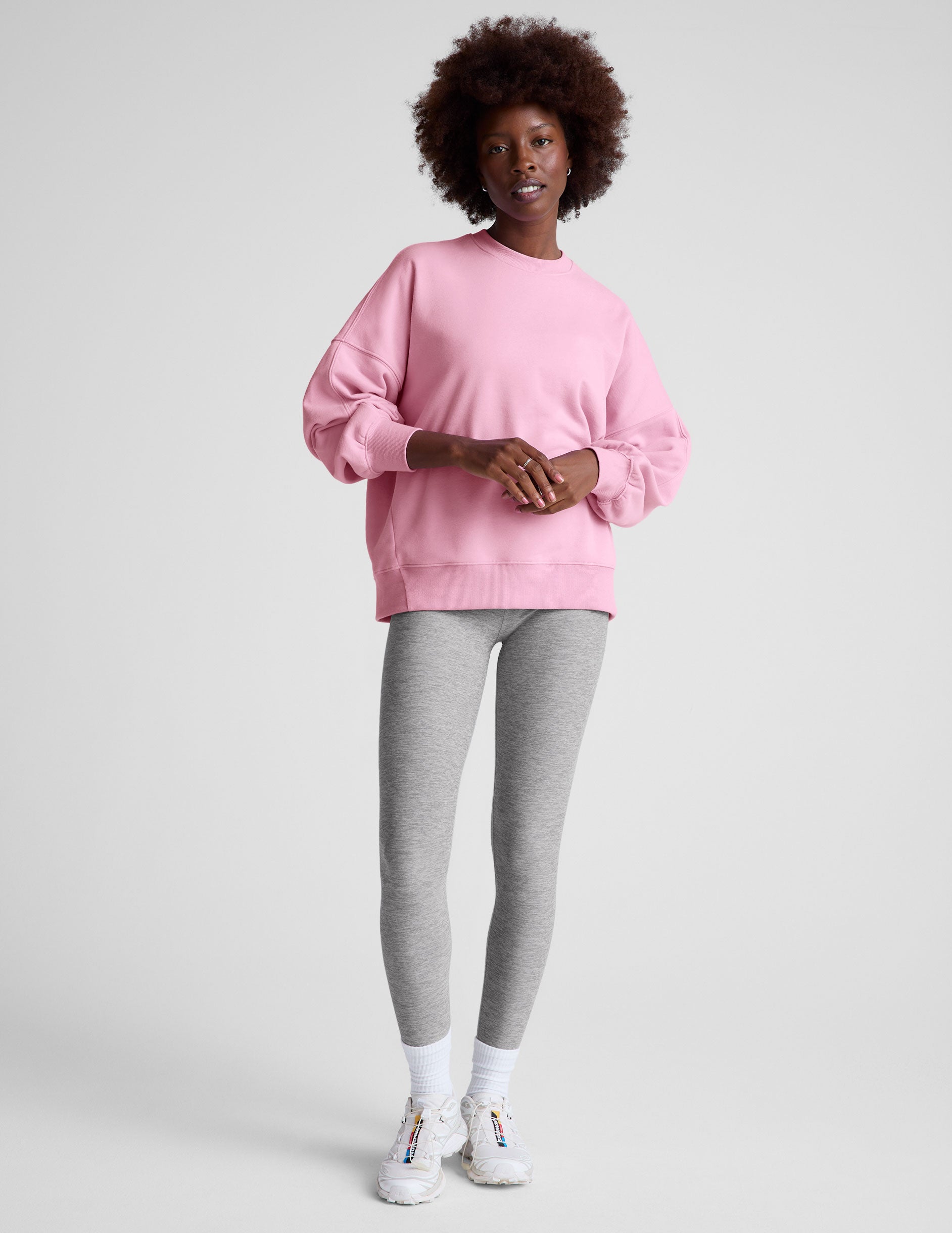 pink oversized fleece crew neck sweatshirt.