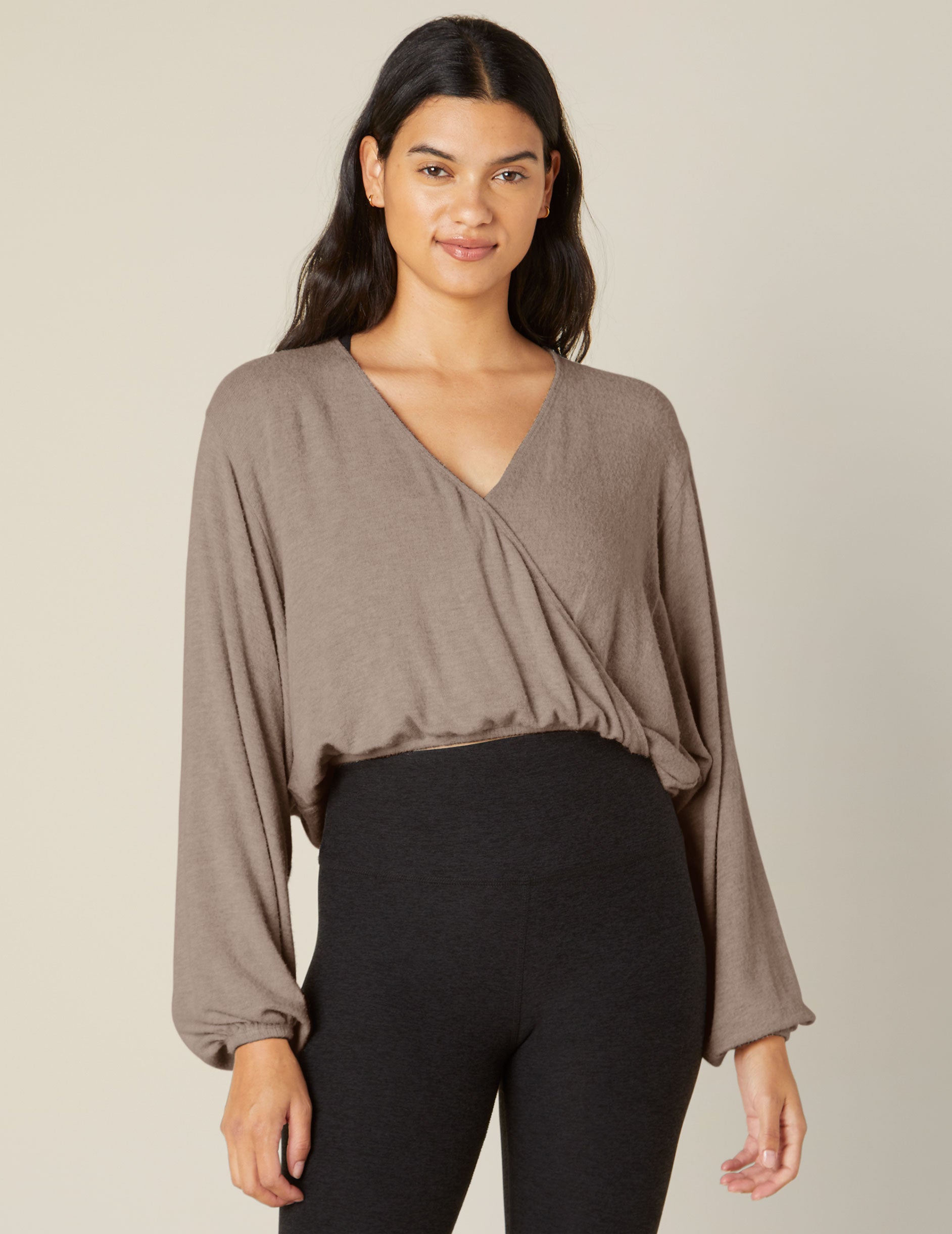 brown long sleeve wrapped top