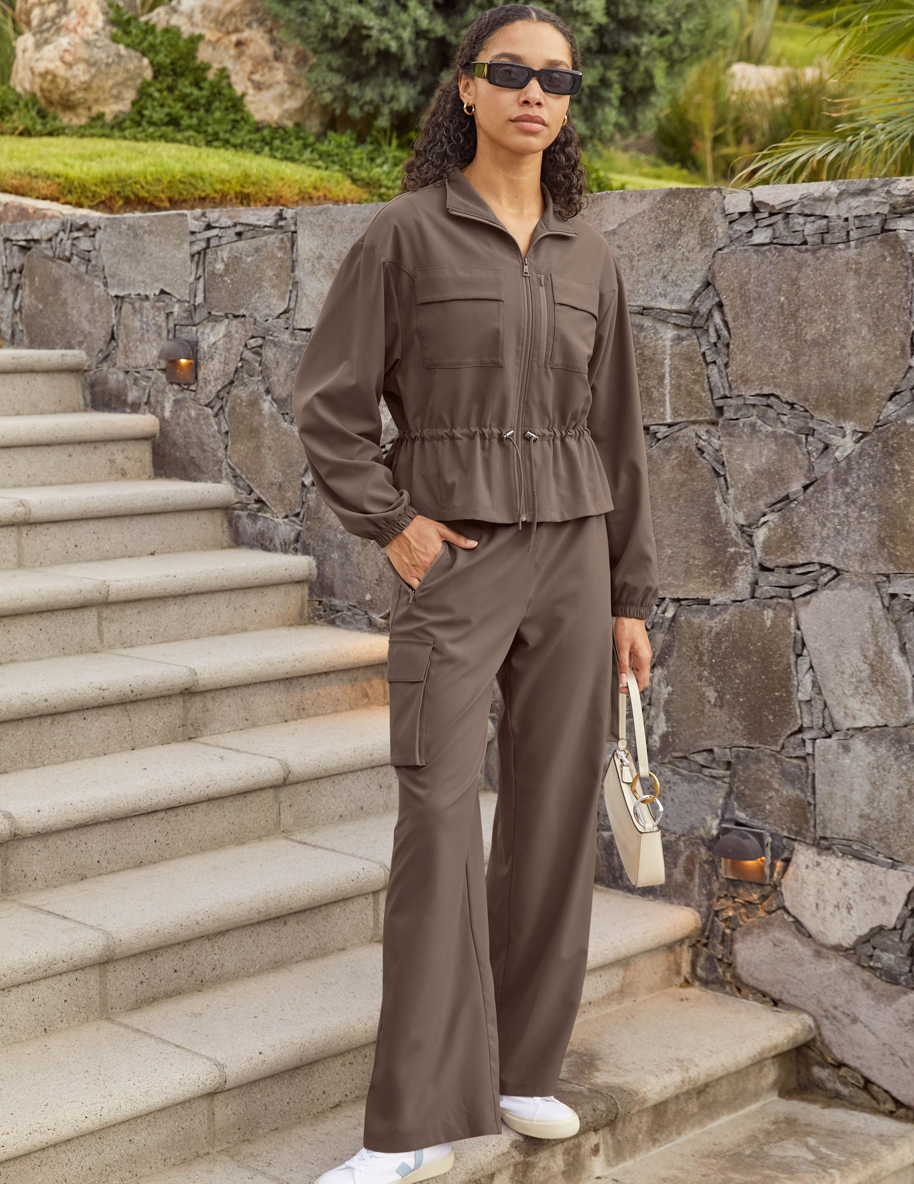 brown cargo style high-waisted pants with pockets. 