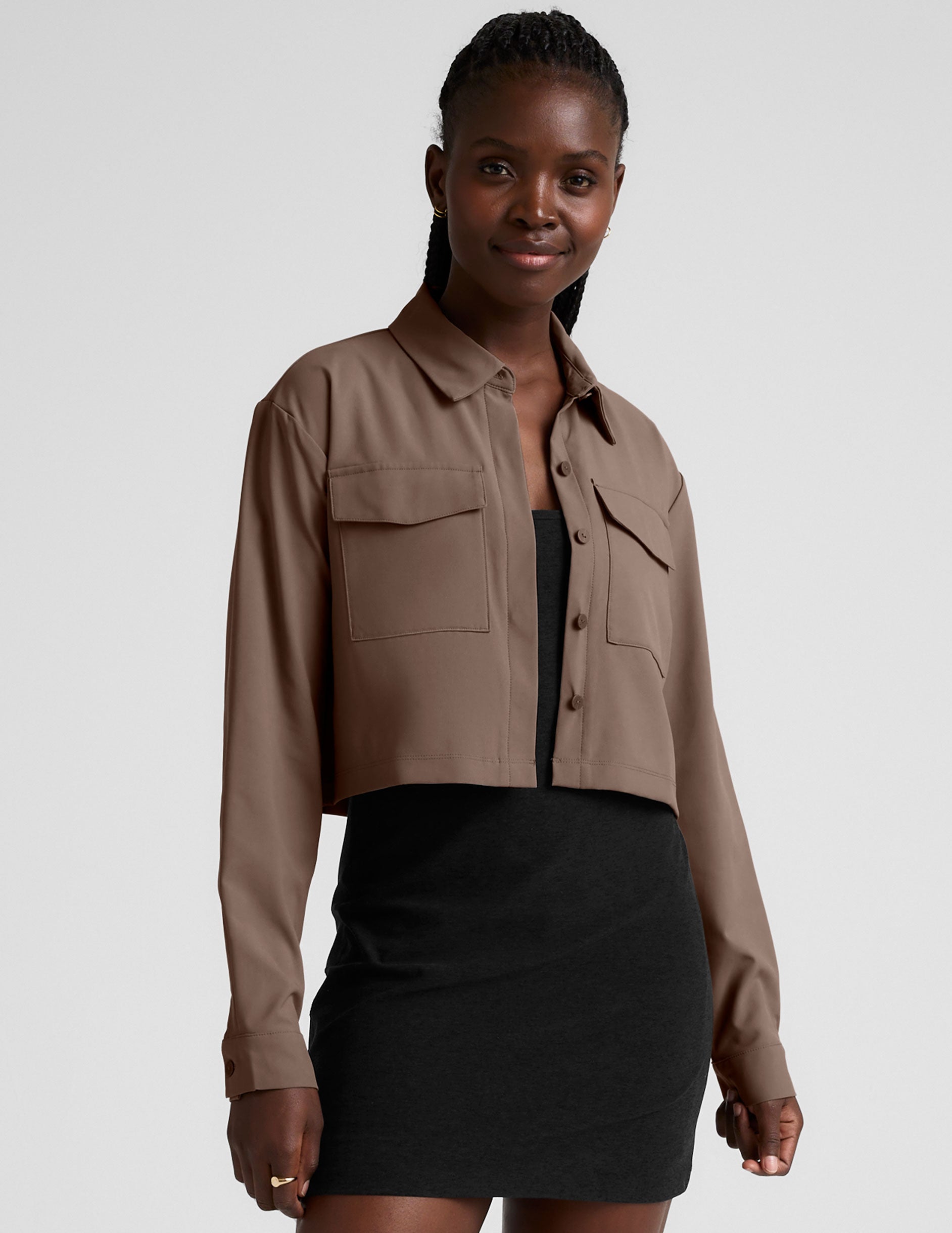 brown button down cropped jacket.
