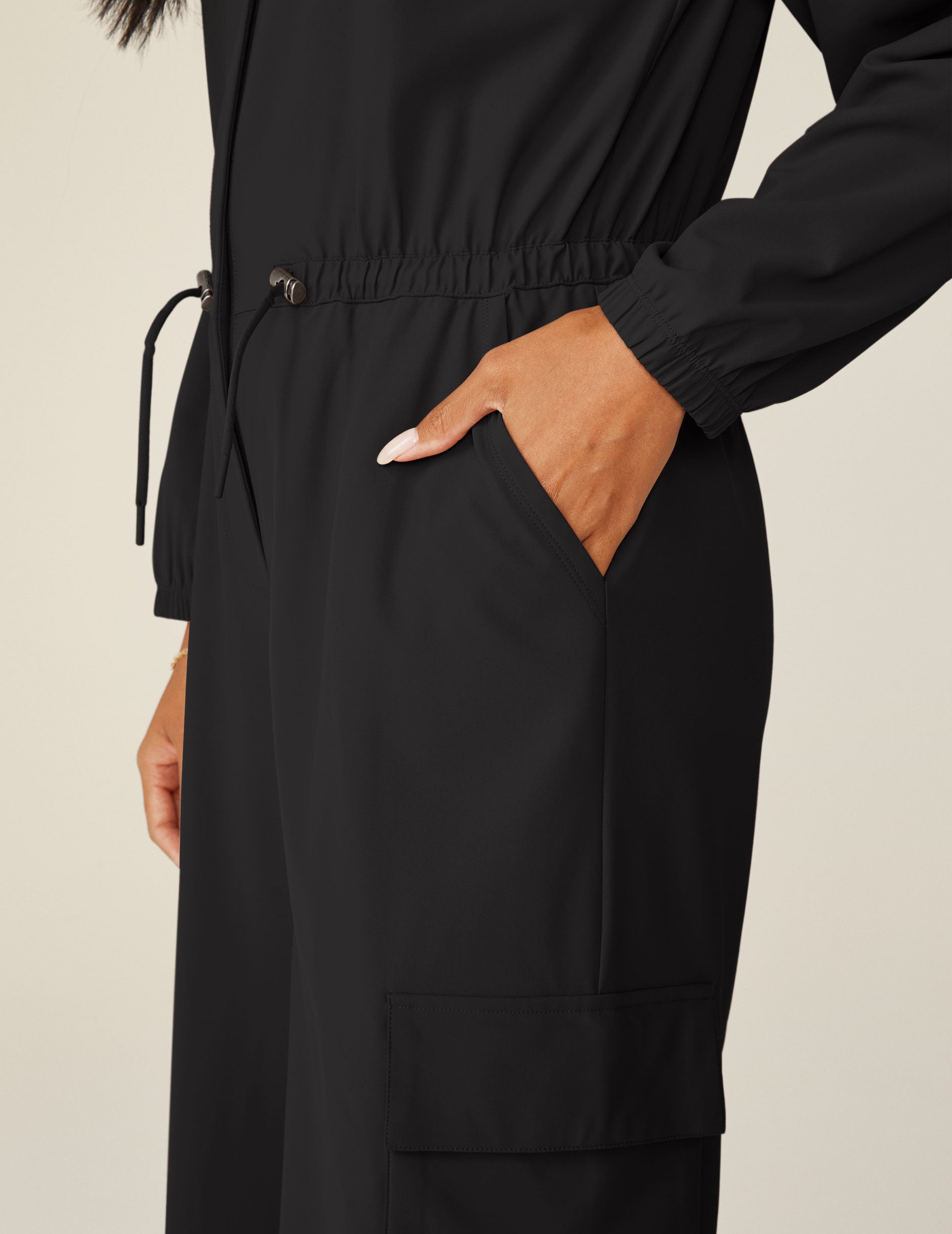 black cargo style long sleeve jumpsuit. 