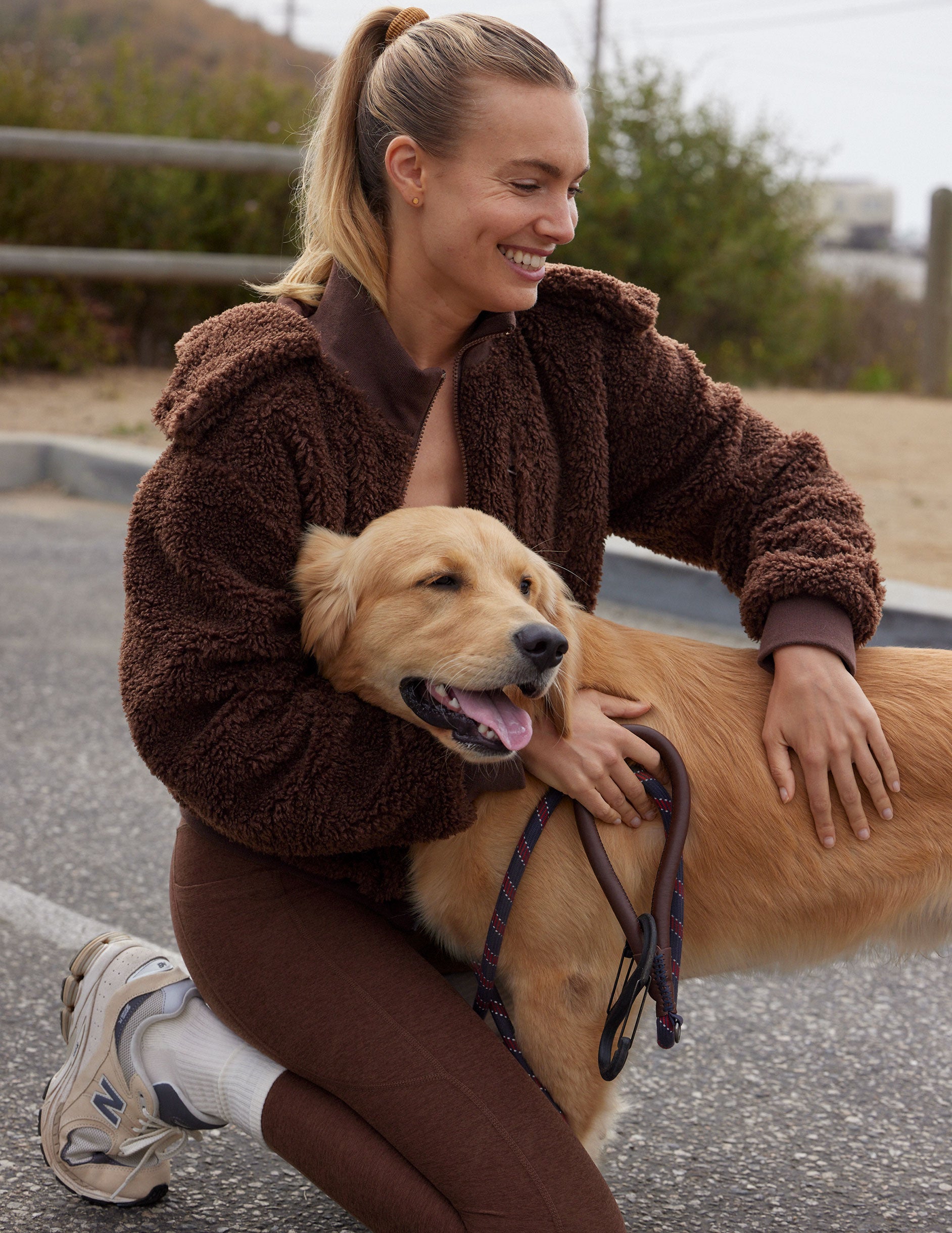 brown hooded faux sherpa jacket with pockets.