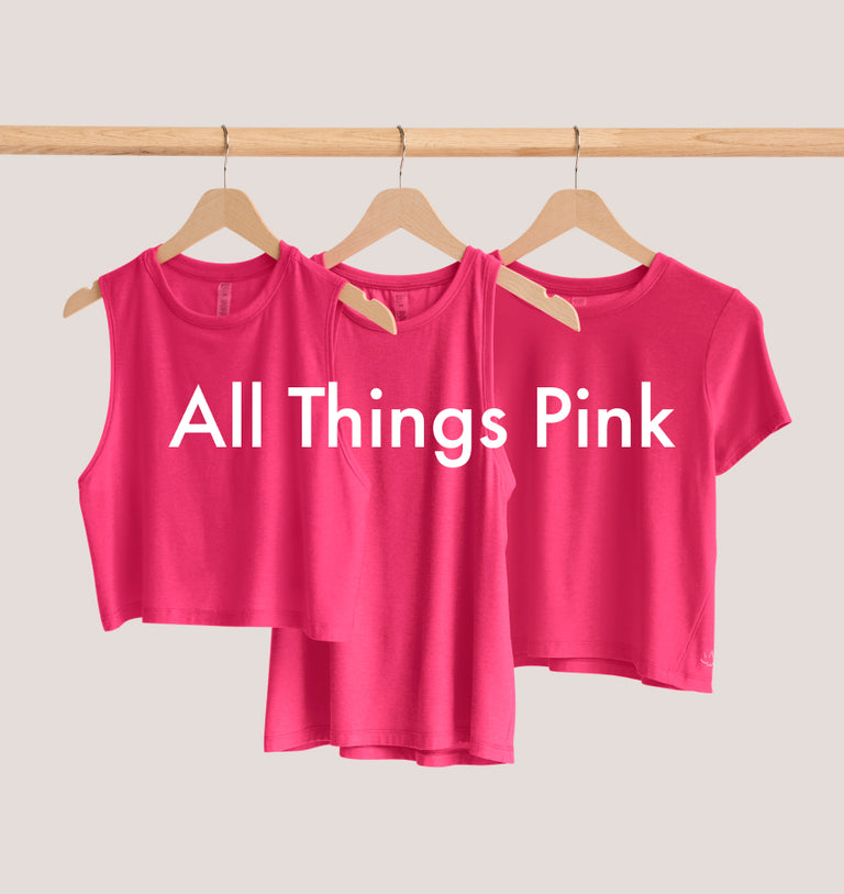 vivid pink heather minimal cropped tank, rebalance tank top, and relaxed fit t-shirt.